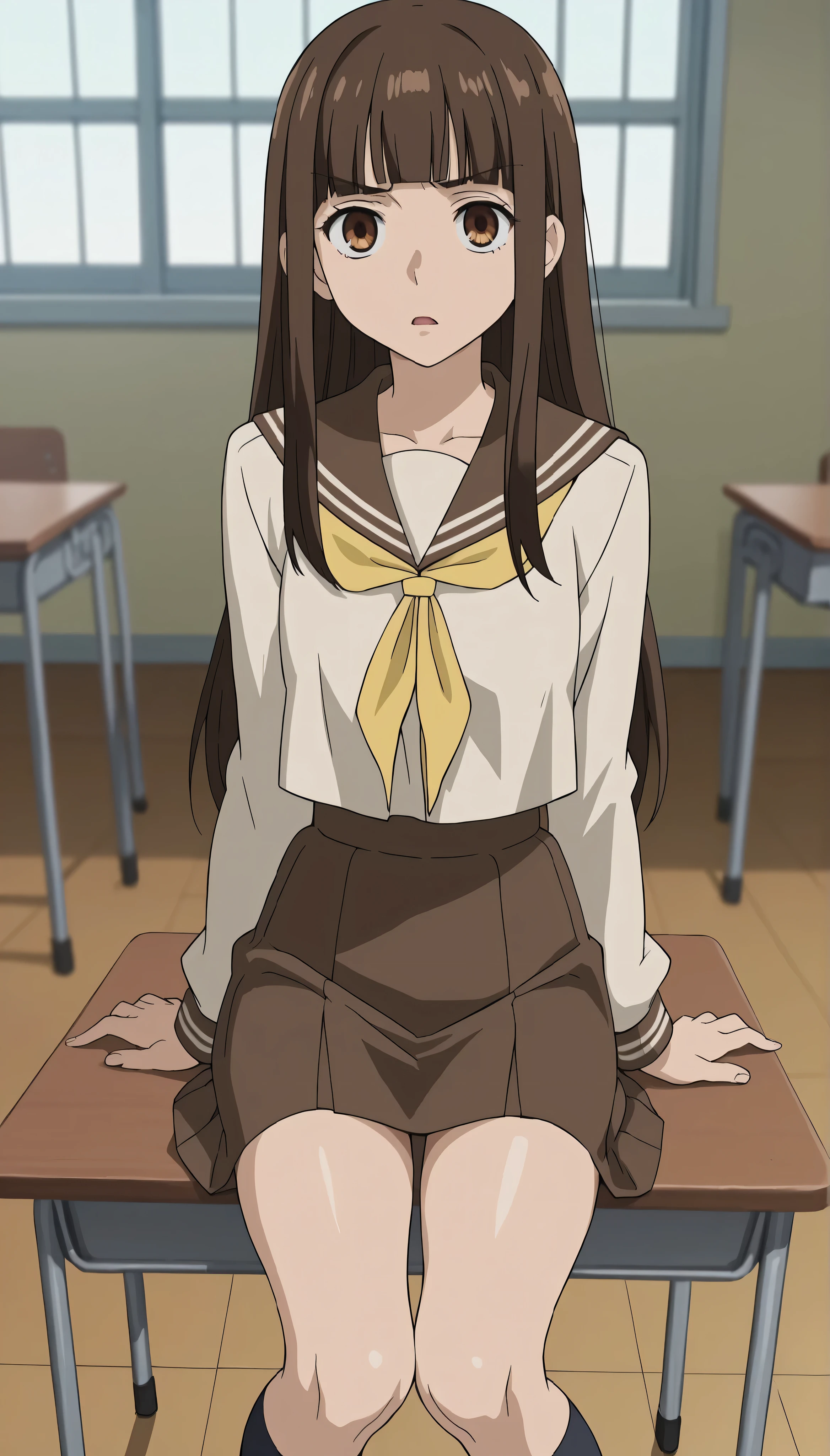 score_9, score_8_up, score_7_up, source_anime, anime screenshot,
in a classroom,
1girl, solo, brown hair, brown eyes, Haruhi, long hair, brown school uniform outfit, yellow details on uniform, yellow ribbon miniskirt, long hair, school uniform, serafuku, blunt bangs, pencil skirt, thighs,
looking at the viewer, serious, mouth open, sitting against a table