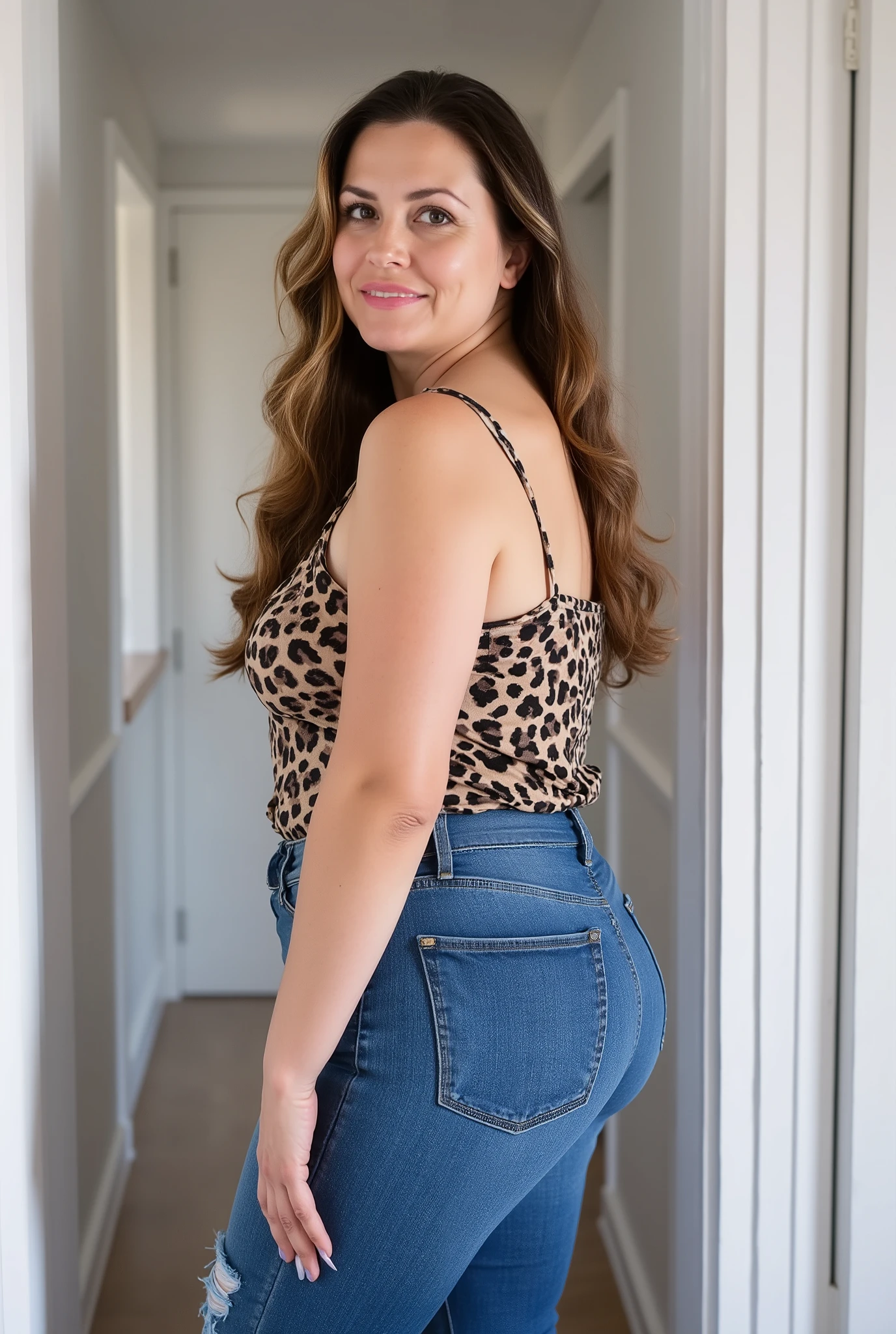 photorealistic portrait of a mature woman with fair skin and stout soft build, curvy figure with wide hips wide buttocks, long wavy dark blonde hair featuring lighter blonde highlights styled with side part, soft oval face structure with high cheekbones and defined jawline, light makeup application with subtle eyeliner and pink lips, seductive expression with direct eye contact, casual pose leaning slightly forward with hands resting on thighs, wearing leopard print camisole with thin spaghetti straps and low neckline in satin-like texture, top tucked into medium blue denim skinny jeans with slight distressing and faint rips, standing indoors within narrow hallway featuring white walls and closed white door behind her, soft indoor lighting illuminating figure naturally, clean modern home setting with minimal decor