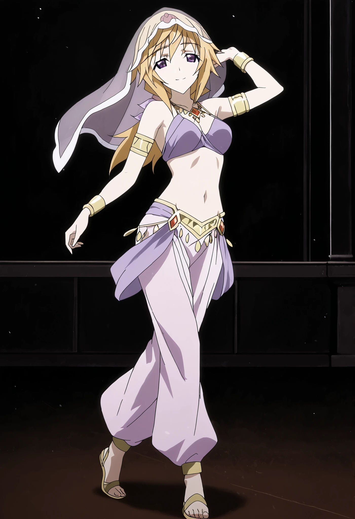 (1girl:1 . 5) , (Seul:1 . 5) , score_9 , score_8_haut , score_7_haut , source_anime , Official work  , ultra-detailed , masterpiece , better quality , high resolution , beaux yeux , detailed eyes , Detailed face , beautiful detailed eyes ,Infinite Stratos,Charlotte Dunois,Arabian Clothes , Arabian Dancer ,belly dancer costume,belly dancer outfit ,full body,golden jewelery,armlet, belly dancing,arabian theater,seductive smile, dancing with veil, dynamic movement,dance posture,  pose