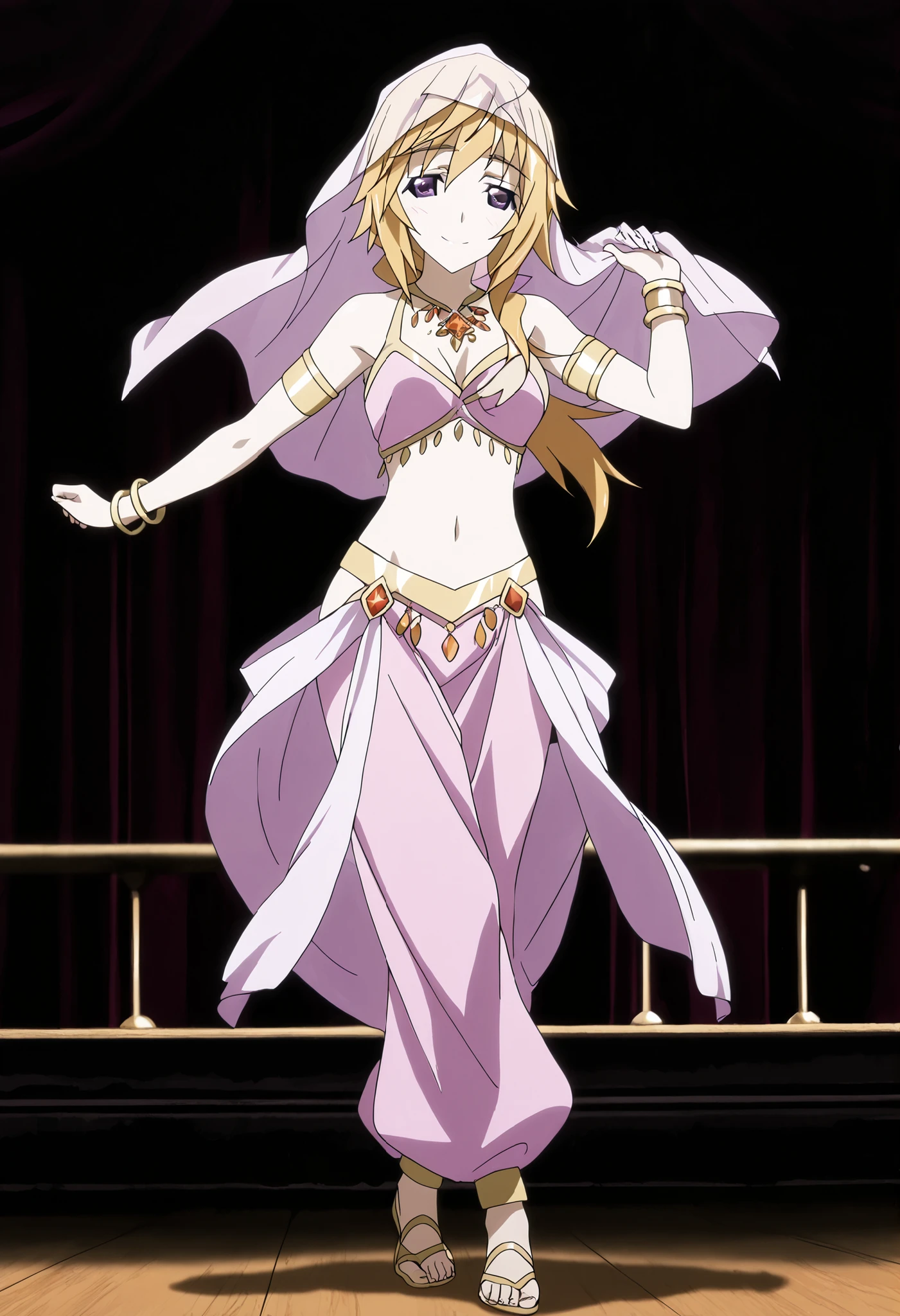 (1girl:1 . 5) , (Seul:1 . 5) , score_9 , score_8_haut , score_7_haut , source_anime , Official work  , ultra-detailed , masterpiece , better quality , high resolution , beaux yeux , detailed eyes , Detailed face , beautiful detailed eyes ,Infinite Stratos,Charlotte Dunois,Arabian Clothes , Arabian Dancer ,belly dancer costume,belly dancer outfit ,full body,golden jewelery,armlet, belly dancing,arabian theater,seductive smile, dancing with veil, dynamic movement,dance posture,  pose