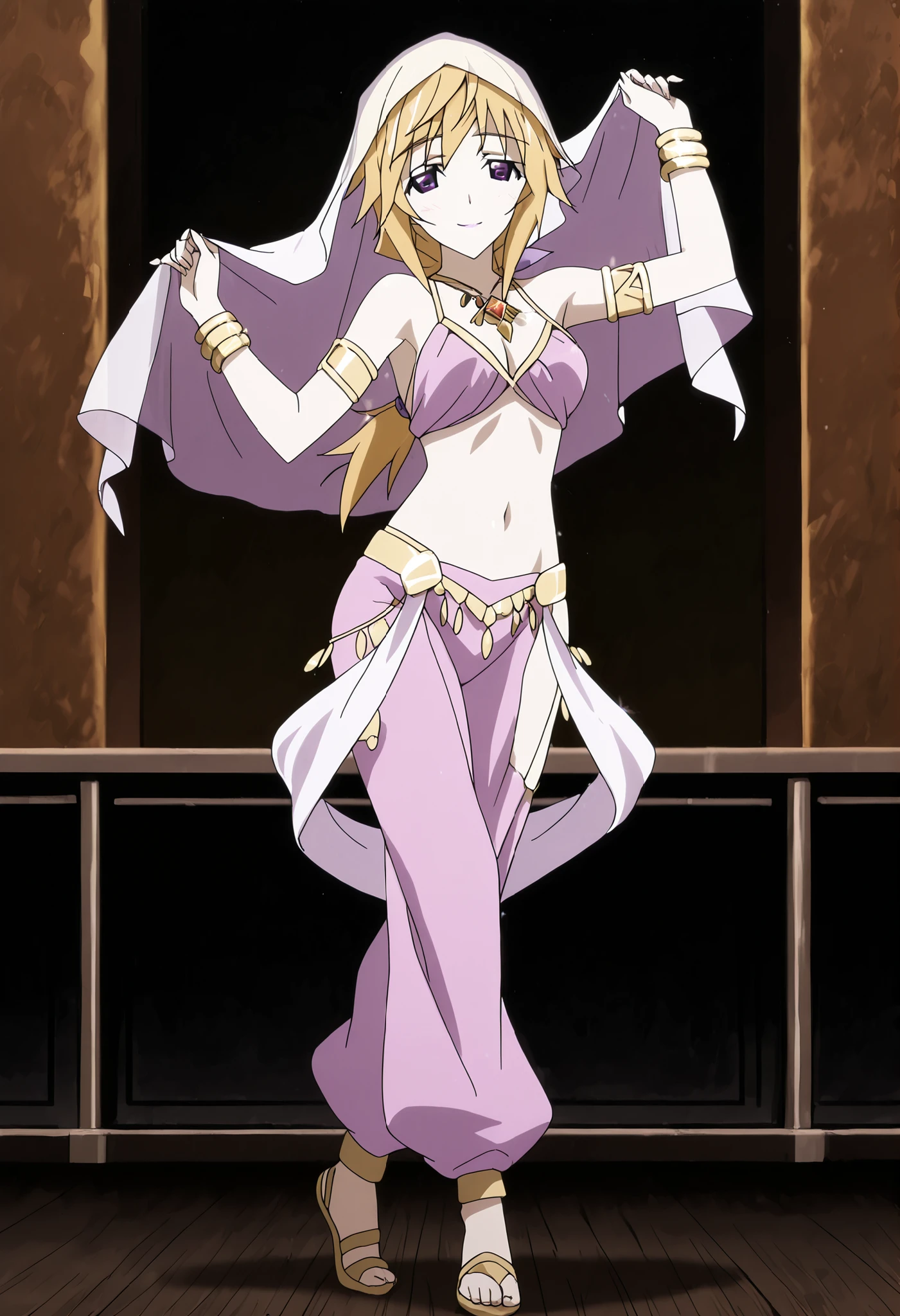 (1girl:1 . 5) , (Seul:1 . 5) , score_9 , score_8_haut , score_7_haut , source_anime , Official work  , ultra-detailed , masterpiece , better quality , high resolution , beaux yeux , detailed eyes , Detailed face , beautiful detailed eyes ,Infinite Stratos,Charlotte Dunois,Arabian Clothes , Arabian Dancer ,belly dancer costume,belly dancer outfit ,full body,golden jewelery,armlet, belly dancing,arabian theater,seductive smile, dancing with veil, dynamic movement,dance posture,  pose