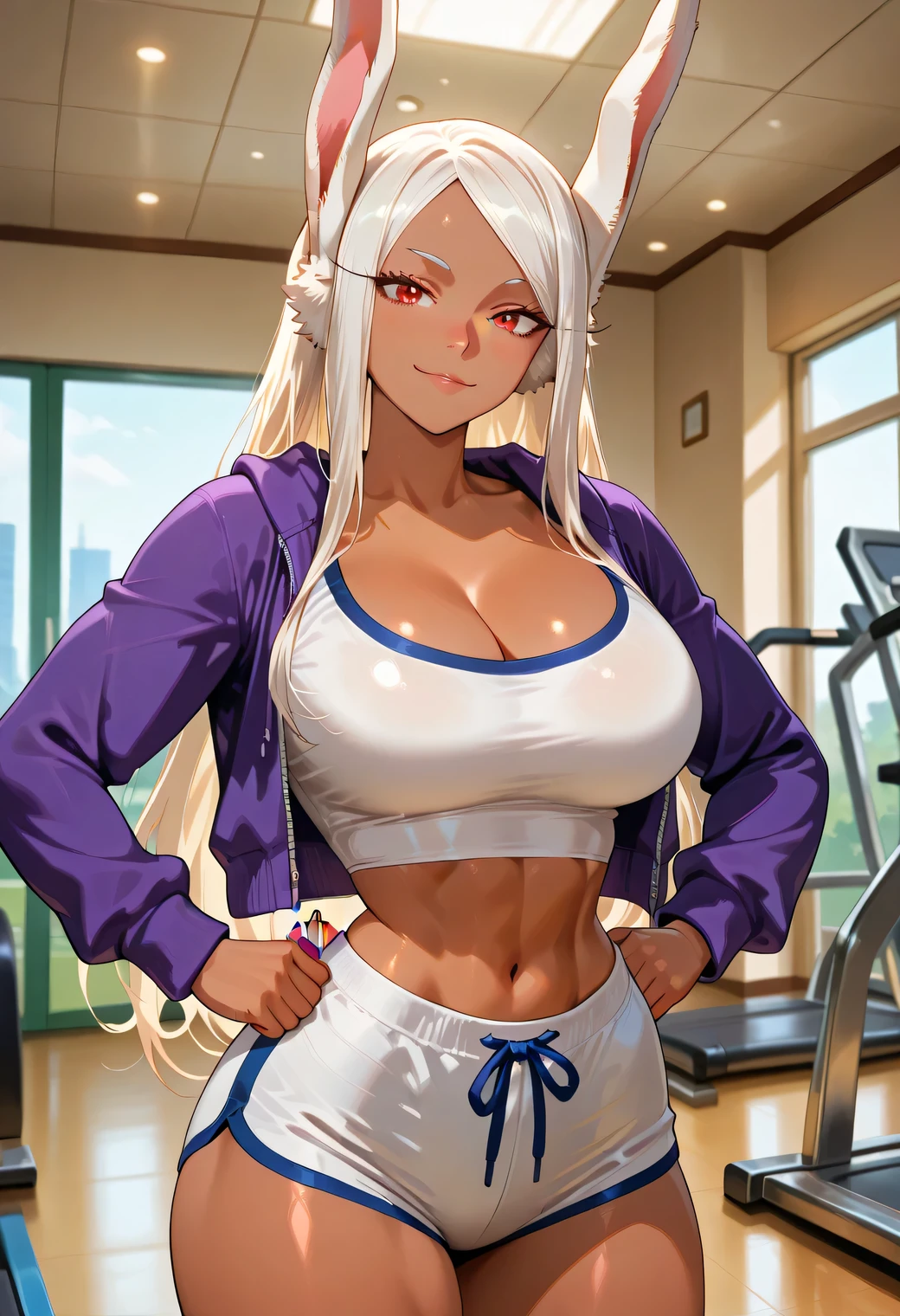 score_9, score_8_up, 1girl, long white hair, large breasts, red eyes, rabbit ears, rabbit tail, dark skin, dark-skinned female, parted bangs, rabbit girl, DARK SKINNED FEMALE, long eyelashes,, blush,, anime screencap, anime coloring, source_anime, female character with a powerful, defined physique, featuring prominent biceps, broad shoulders, and a chiseled six-pack abdomen.,muscular body, toned abs with a defined six-pack, slim waist with visible abdominal lines, muscular arms with toned biceps and triceps, strong yet feminine shoulders, sculpted back muscles with athletic definition, thick thighs with visible quadriceps and calves, shapely hips, fitness model physique, strong and powerful yet curvy, highly detailed muscle definition across the whole body, HUGE BREASTS, HUGE ASS,, looking at viewer, nose blush, shiny legs, shiny body, shiny hair, clear skin, clear body,, thick thigh,, thick thighs,, female,,, looking at viewer,,,A vibrant gym with a moody, atmospheric vibe, featuring a mix of purple and warm amber lighting, sleek modern equipment like treadmills and weight racks, mirrored walls, and motivational signage with bold text, all set against a dark industrial ceiling and polished floor.,,, HUGE BREASTS,,, thick thigh, dynamic pose,, navel ,midriff,,, LOOKING AT VIEWER,, soft smile,, DYNAMIC POSE,open hoodie, crop top, shorts, STANDING, POSING, CLEAVAGE, COWBOY SHOT, solo