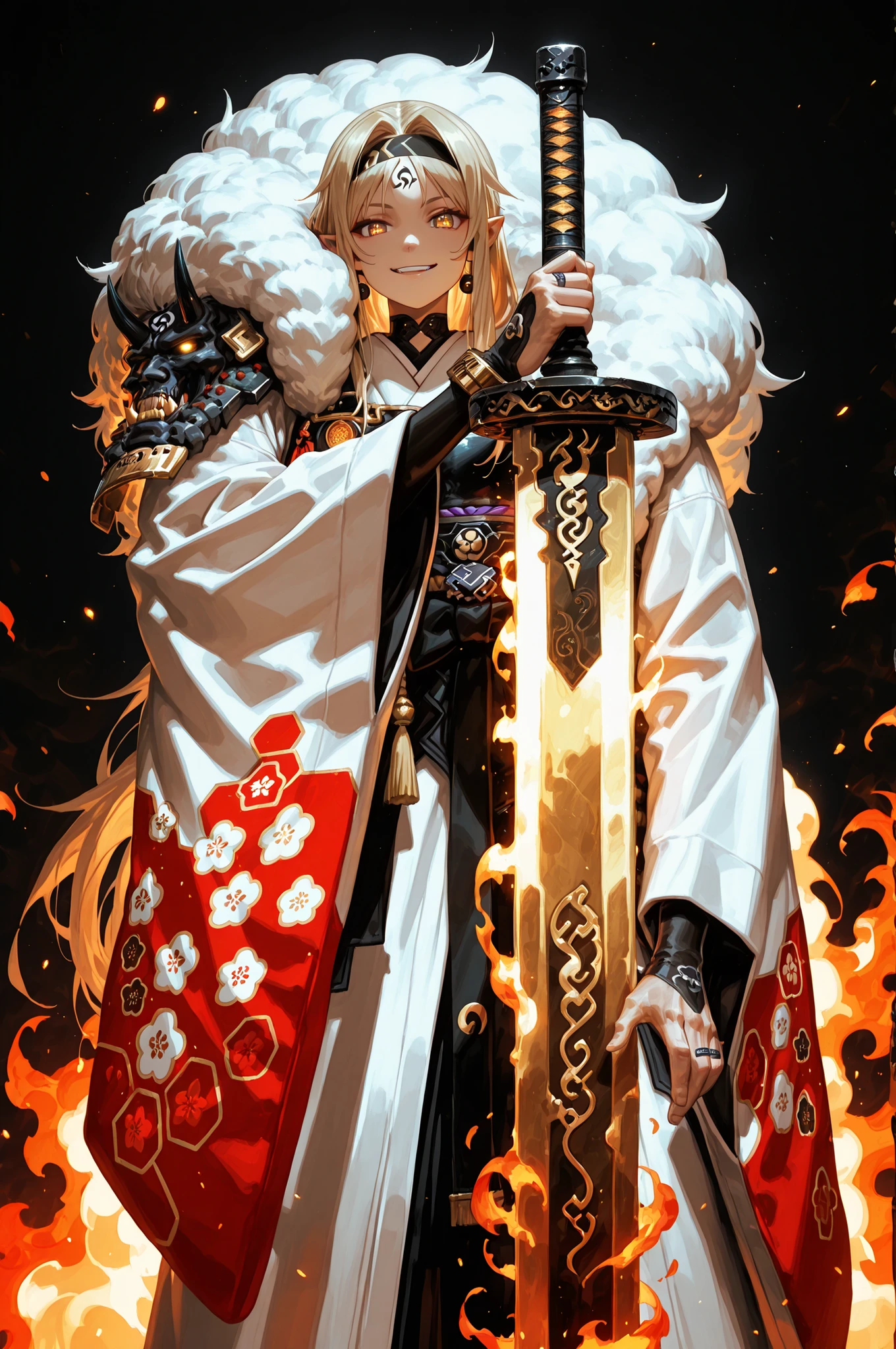 A short, solitary male character, a young teenager, about 1.5 meters tall. He stands alone against a deep black background, making him stand out vividly. His physique, face, and height are exactly like Lloyd de Saloum.
He has long blond hair, styled exactly like Alice Zuberg's from Sword Art Online, with a braid tied in the middle with a black ribbon before flowing freely. A black headband, identical to Alice Zuberg's, rests on his head. His golden eyes shine brightly. His expression is provocative and confident, marked by a bold, mocking smile. He has pointy ears and a golden monkey tail. Blonde hair. Blonde hair
Outfit:
He wears an ornate white Chinese robe. Draped over his right shoulder is a flowing golden fur cloak (like Sesshoumaru’s), soft and radiant like a divine cloud, falling almost to the ground along his back. The cloak is fastened with gold medals and chains that cross to his left shoulder. He has a golden pauldron on his left shoulder with the design of an oni face.
Weapon:
In his right hand, he firmly grips a gigantic Japanese greatsword with a golden blade and black details on the blade with three black rings attached to the blade. The guard and hilt of the greatsword are black and there is dark energy emanating from the blade.
In his left hand, he holds a golden flame with glowing points, radiating power. In his left hand, he holds a golden flame with glowing points, radiating power. In his left hand, he holds a golden flame with glowing
Pose and Atmosphere:
He assumes a bold, dynamic battle stance, facing the viewer directly with a playful yet arrogant look. His left hand conjures a golden sphere of energy streaked with glowing red sparks, radiating raw power.
Atmosphere and Style:
Male character, youthful energy.
Ultra-detailed, sharp, clean anime style. Deep black background with cinematic lighting accentuating his short stature and powerful aura. Golden jeweled earrings glimmer in the light.
The character is a boy. The character is male.