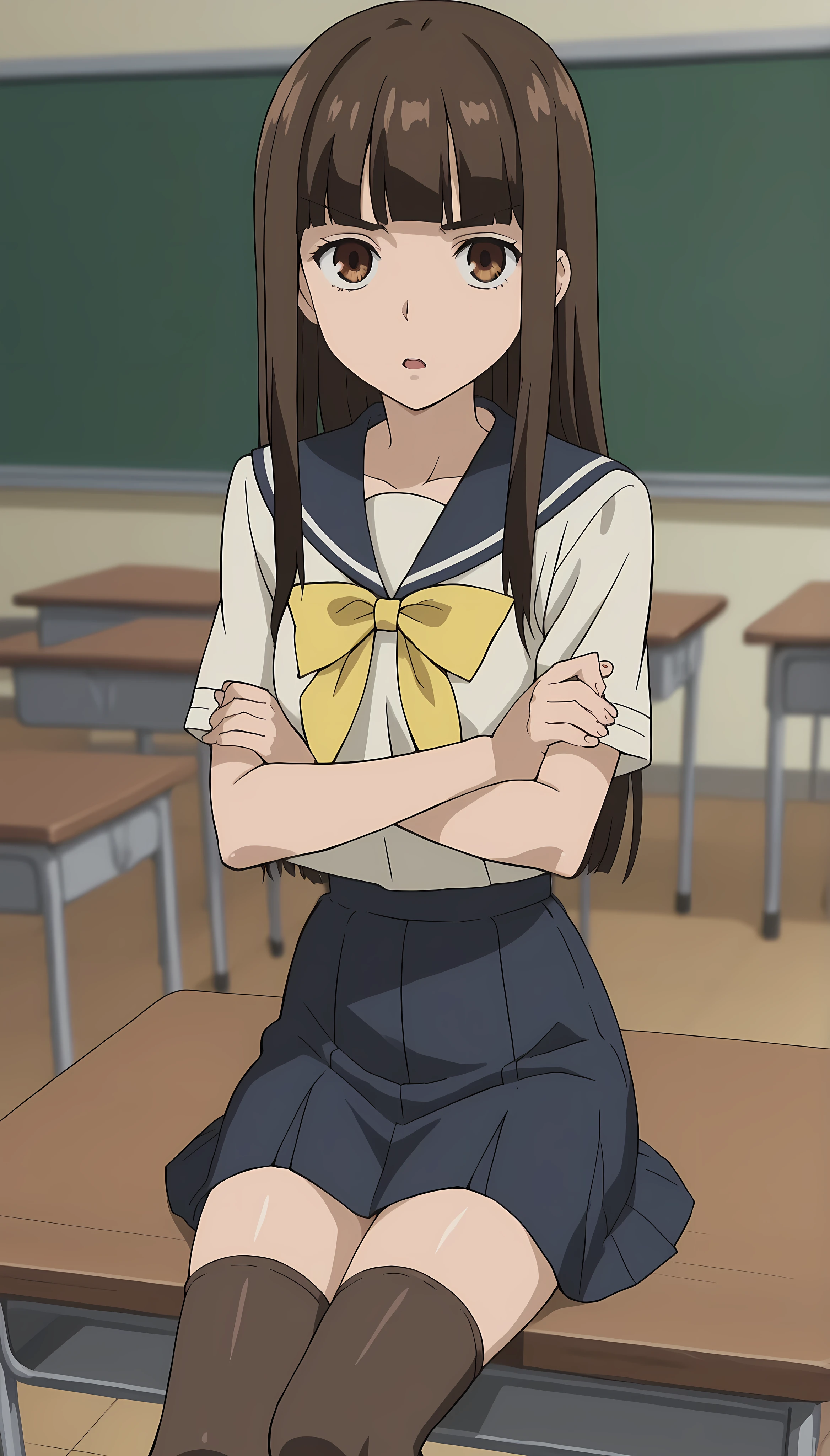 score_9, score_8_up, score_7_up, source_anime, anime screenshot,
in a classroom,
1girl, solo, brown hair, brown eyes, Haruhi, long hair, brown school uniform outfit, yellow details on uniform, yellow ribbon miniskirt,  long hair, school uniform, serafuku, blunt bangs, pencil skirt, brown thighhighs
looking at the viewer, serious, mouth open, sitting against a table, arms crossed over the 
