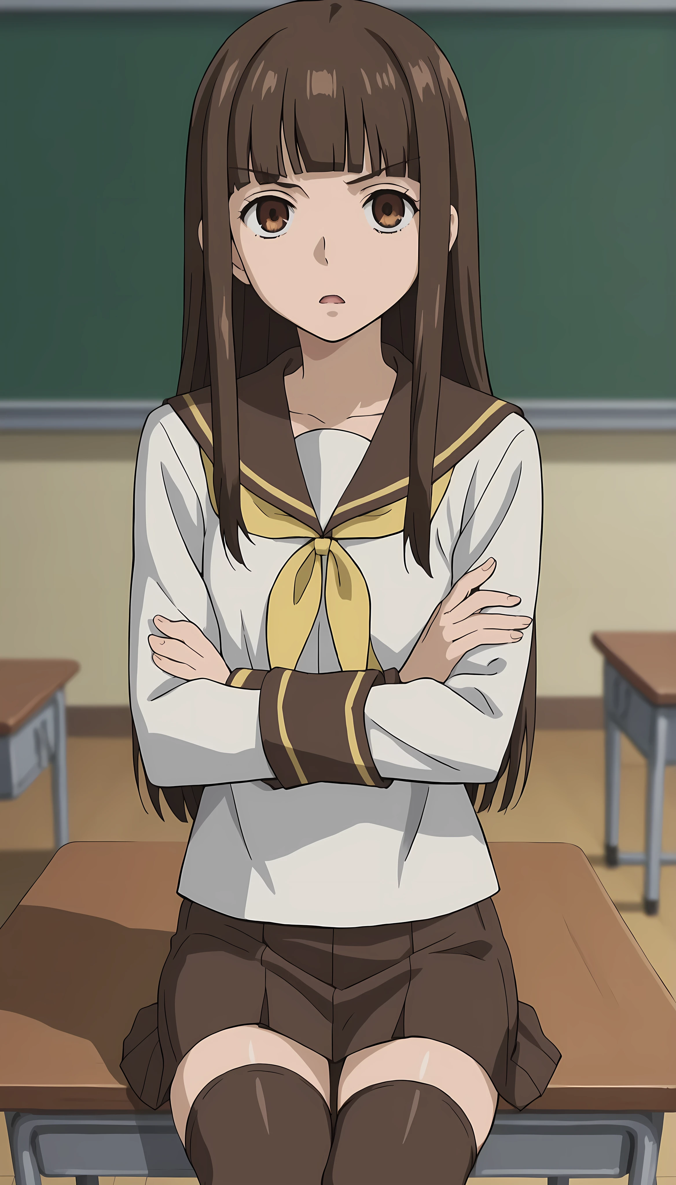 score_9, score_8_up, score_7_up, source_anime, anime screenshot,
in a classroom,
1girl, solo, brown hair, brown eyes, Haruhi, long hair, brown school uniform outfit, yellow details on uniform, yellow ribbon miniskirt, long hair, school uniform, serafuku, blunt bangs, pencil skirt, brown thighhighs
looking at the viewer, serious, mouth open, sitting against a table, arms crossed over the