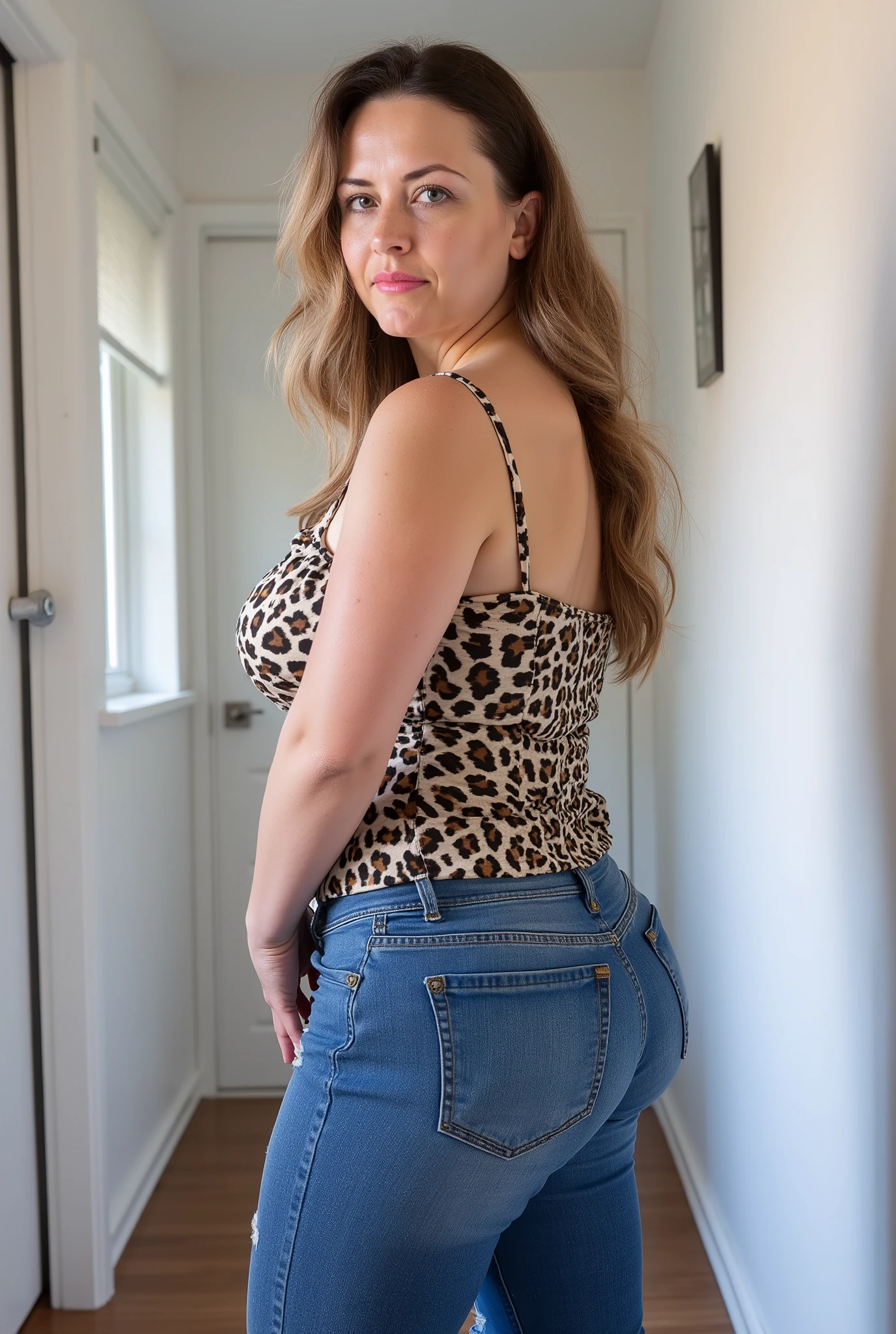 photorealistic portrait of a mature woman with fair skin and stout soft build, shot from diagonally behind, visual focus on buttocks, glancing over shoulder, curvy figure with wide hips wide buttocks, long wavy dark blonde hair featuring lighter blonde highlights styled with side part, soft oval face structure with high cheekbones and defined jawline, light makeup application with subtle eyeliner and pink lips, seductive expression with direct eye contact, casual pose leaning slightly forward with hands resting on thighs, wearing leopard print camisole with thin spaghetti straps and low neckline in satin-like texture, top firmly tucked into medium blue denim skinny jeans with slight distressing and faint rips, standing indoors within narrow hallway featuring white walls and closed white door behind her, soft indoor lighting illuminating figure naturally, clean modern home setting with minimal decor