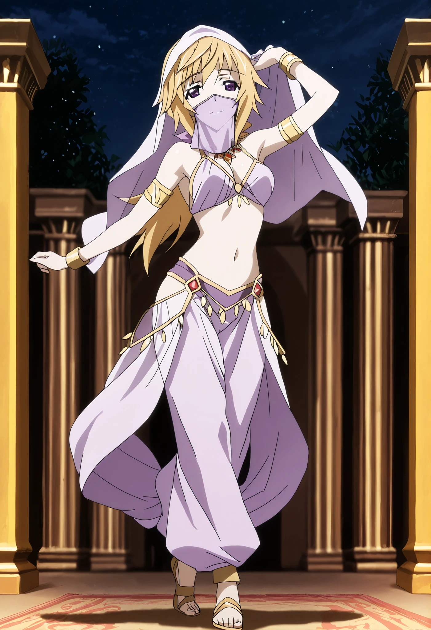 (1girl:1 . 5) , (Seul:1 . 5) , score_9 , score_8_haut , score_7_haut , source_anime , Official work , ultra-detailed , masterpiece , better quality , high resolution , beaux yeux , detailed eyes , Detailed face , beautiful detailed eyes ,Infinite Stratos,Charlotte Dunois,Arabian Clothes , Arabian Dancer ,belly dancer costume,belly dancer outfit ,full body,golden jewelery,mouth veil,armlet,belly dancing,night,arabian garden,seductive smile, dancing with veil, dynamic movement,dance posture, pose