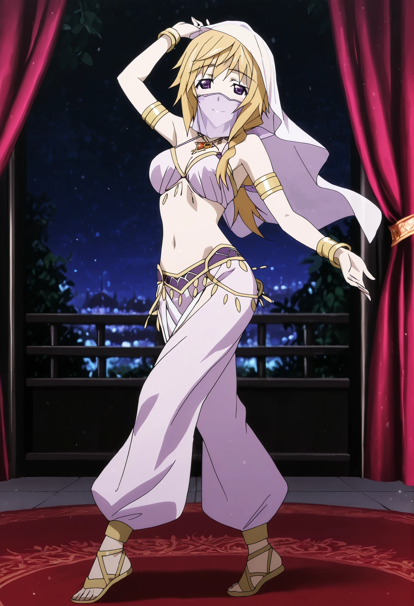 (1girl:1 . 5) , (Seul:1 . 5) , score_9 , score_8_haut , score_7_haut , source_anime , Official work , ultra-detailed , masterpiece , better quality , high resolution , beaux yeux , detailed eyes , Detailed face , beautiful detailed eyes ,Infinite Stratos,Charlotte Dunois,Arabian Clothes , Arabian Dancer ,belly dancer costume,belly dancer outfit ,full body,golden jewelery,mouth veil,armlet,belly dancing,night,arabian garden,seductive smile, dancing with veil, dynamic movement,dance posture, pose