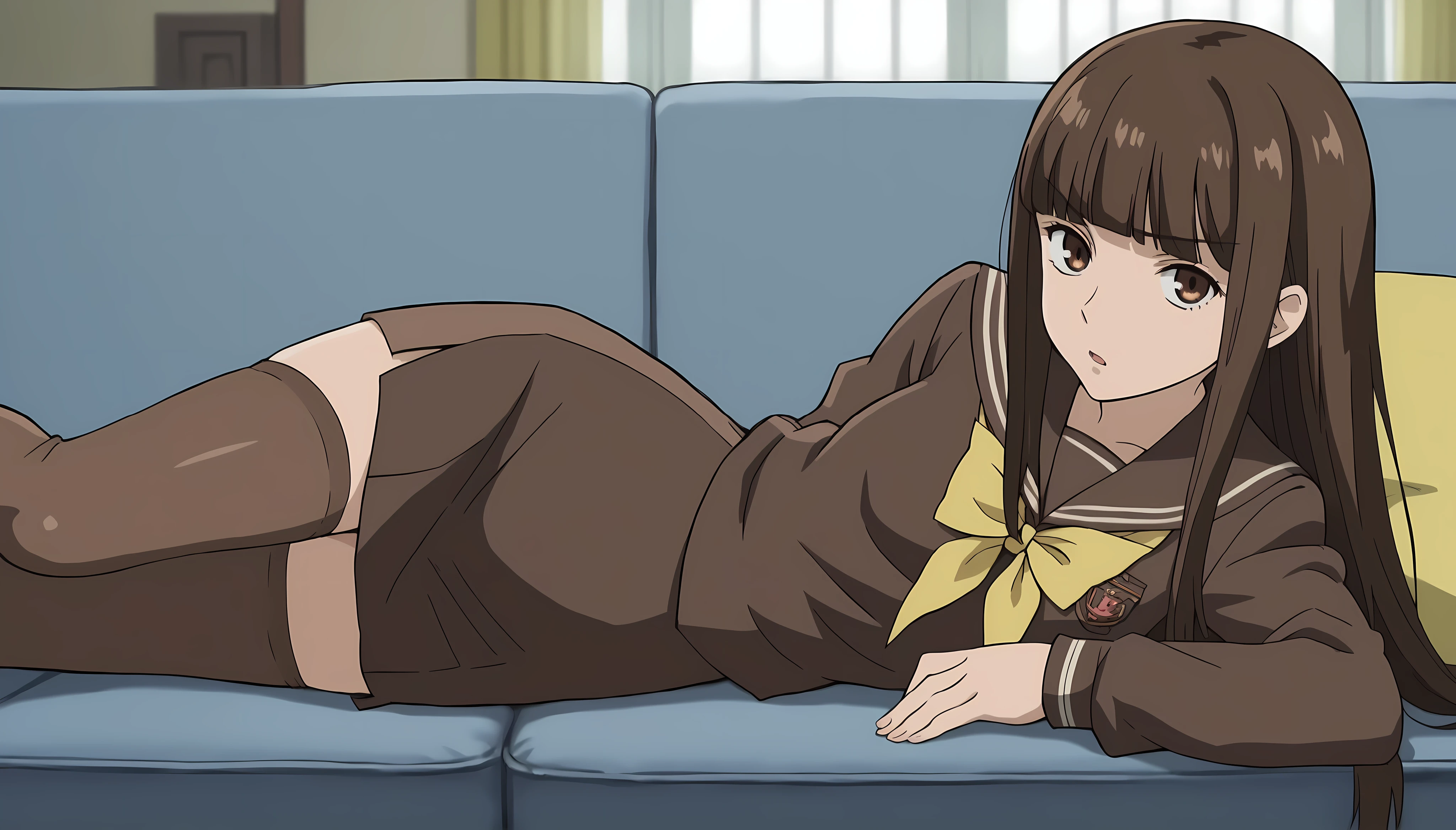 score_9, score_8_up, score_7_up, source_anime, anime screenshot, living room
1girl, solo, brown hair, brown eyes, Haruhi, long hair, brown school uniform outfit, yellow details on uniform, yellow ribbon miniskirt, long hair, school uniform, serafuku, blunt bangs, pencil skirt, brown thighhighs
looking at the viewer, serious, mouth open, lying over a couch, on side