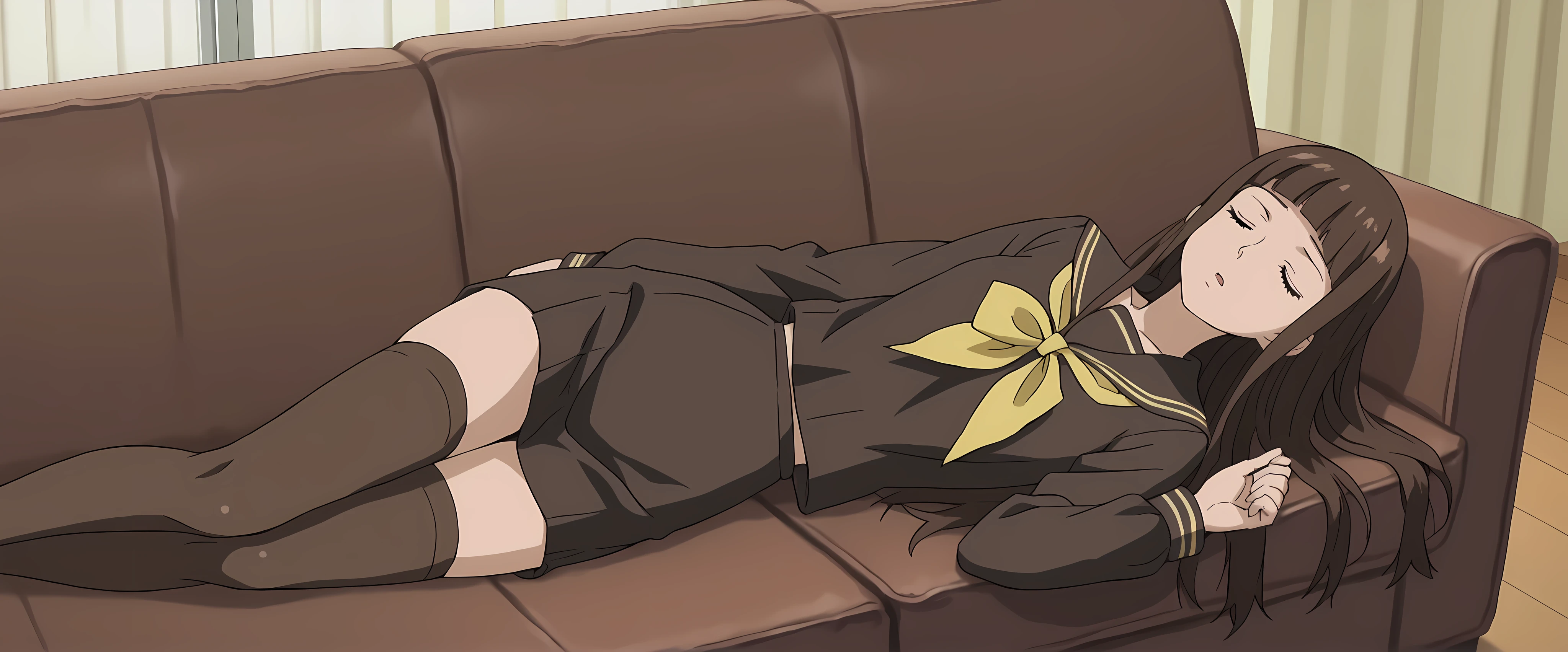 score_9, score_8_up, score_7_up, source_anime, anime screenshot, living room
1girl, solo, brown hair, brown eyes, Haruhi, long hair, brown school uniform outfit, yellow details on uniform, yellow ribbon miniskirt, long hair, school uniform, serafuku, blunt bangs, pencil skirt, brown thighhighs
serious, mouth open, eyes closed, lying over a couch, lying on her back, hands over the forehead