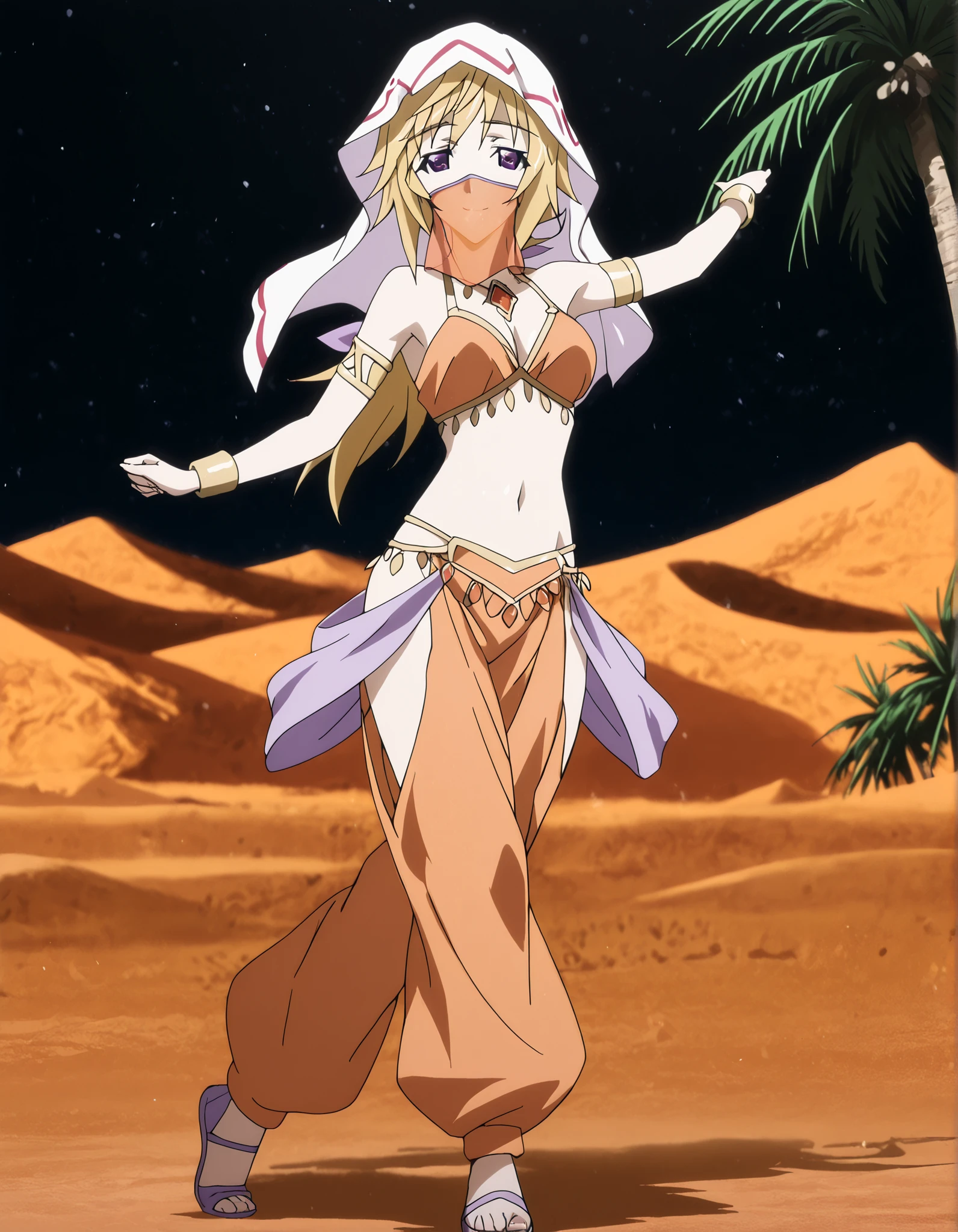 (1girl:1 . 5) , (Seul:1 . 5) , score_9 , score_8_haut , score_7_haut , source_anime , Official work , ultra-detailed , masterpiece , better quality , high resolution , beaux yeux , detailed eyes , Detailed face , beautiful detailed eyes ,Infinite Stratos,Charlotte Dunois,Arabian Clothes , Arabian Dancer ,belly dancer costume,belly dancer outfit ,full body,golden jewelery,mouth veil,armlet,belly dancing,night,desert lands,palm tree,seductive smile, dancing with veil, dynamic movement,dance posture, pose