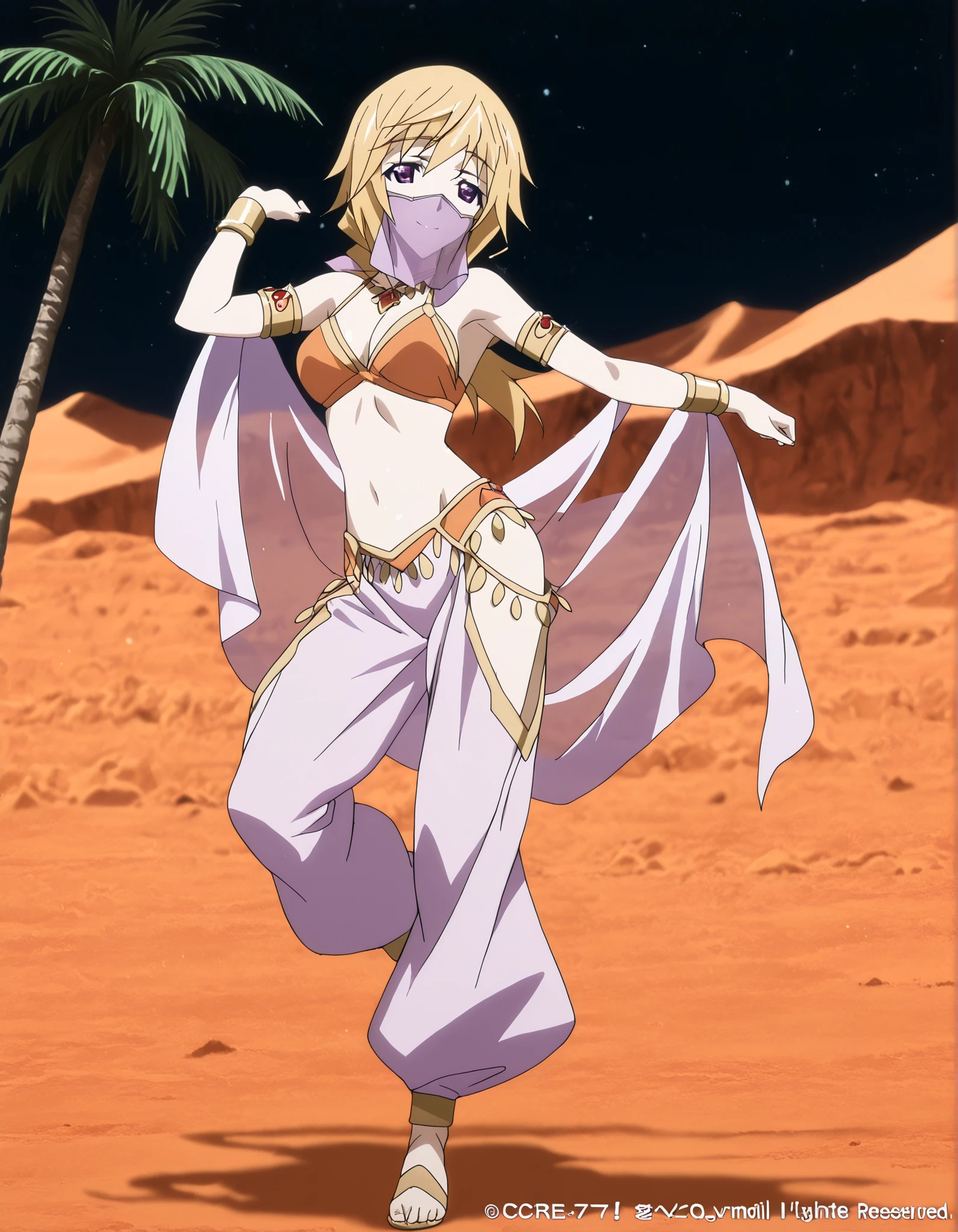 (1girl:1 . 5) , (Seul:1 . 5) , score_9 , score_8_haut , score_7_haut , source_anime , Official work  , ultra-detailed , masterpiece , better quality , high resolution , beaux yeux , detailed eyes , Detailed face , beautiful detailed eyes ,Infinite Stratos,Charlotte Dunois,Arabian Clothes , Arabian Dancer ,belly dancer costume,belly dancer outfit ,full body,golden jewelery,mouth veil,armlet,belly dancing,night,desert lands,palm tree,seductive smile, dancing with veil, dynamic movement,dance posture,  pose