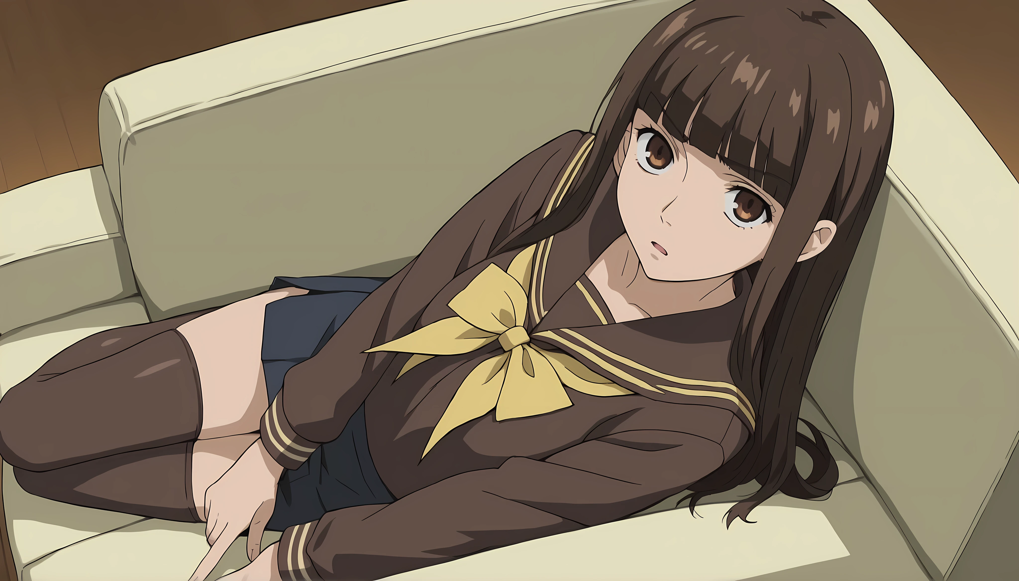 score_9, score_8_up, score_7_up, source_anime, anime screenshot, living room
1girl, solo, brown hair, brown eyes, Haruhi, long hair, brown school uniform outfit, yellow details on uniform, yellow ribbon miniskirt, long hair, school uniform, serafuku, blunt bangs, pencil skirt, brown thighhighs
looking at the viewer, serious, mouth open, lying over a couch, lying on her back, above view