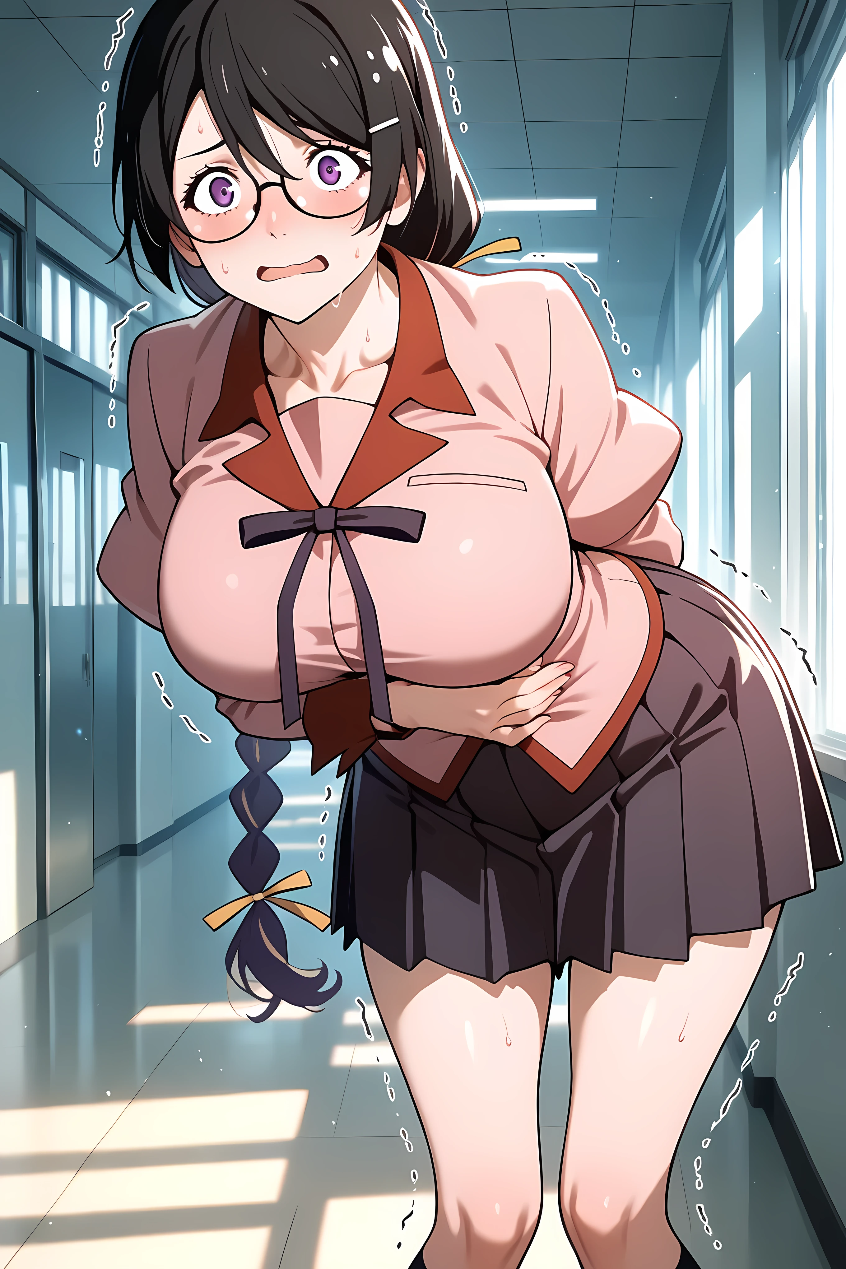 hanekawa,black hair, purple eyes, braided ponytail, glasses, school uniform, pink shirt, puffy sleeves, long sleeves, pleated skirt ,Solo, General, masterpiece, highres, ultra-detailed, hyper-detailed, best quality, amazing quality, very aesthetic, best hands, best eyes, best hand
adult woman, 1girl, hand on own stomach, sweat, leaning forward, nervous, scared, trembling legs, school hallway