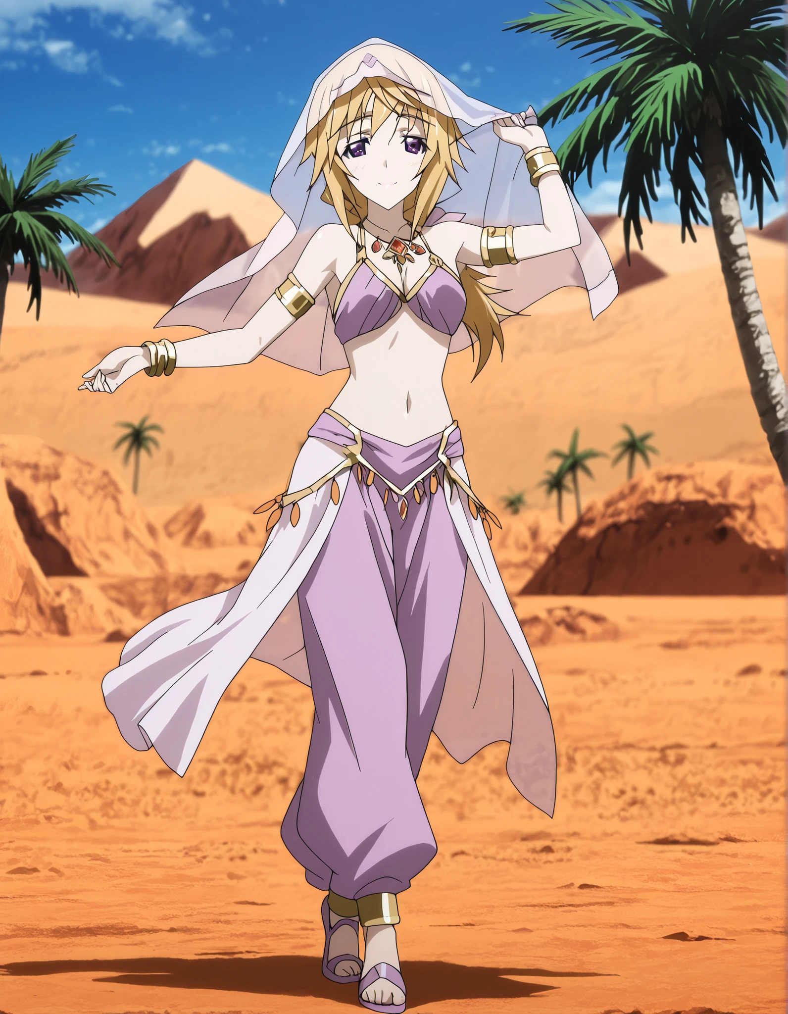 (1girl:1 . 5) , (Seul:1 . 5) , score_9 , score_8_haut , score_7_haut , source_anime , Official work  , ultra-detailed , masterpiece , better quality , high resolution , beaux yeux , detailed eyes , Detailed face , beautiful detailed eyes ,Infinite Stratos,Charlotte Dunois,Arabian Clothes , Arabian Dancer ,belly dancer costume,belly dancer outfit ,full body,golden jewelery,armlet,belly dancing,desert lands,palm tree,seductive smile, dancing with veil, dynamic movement,dance posture,  pose