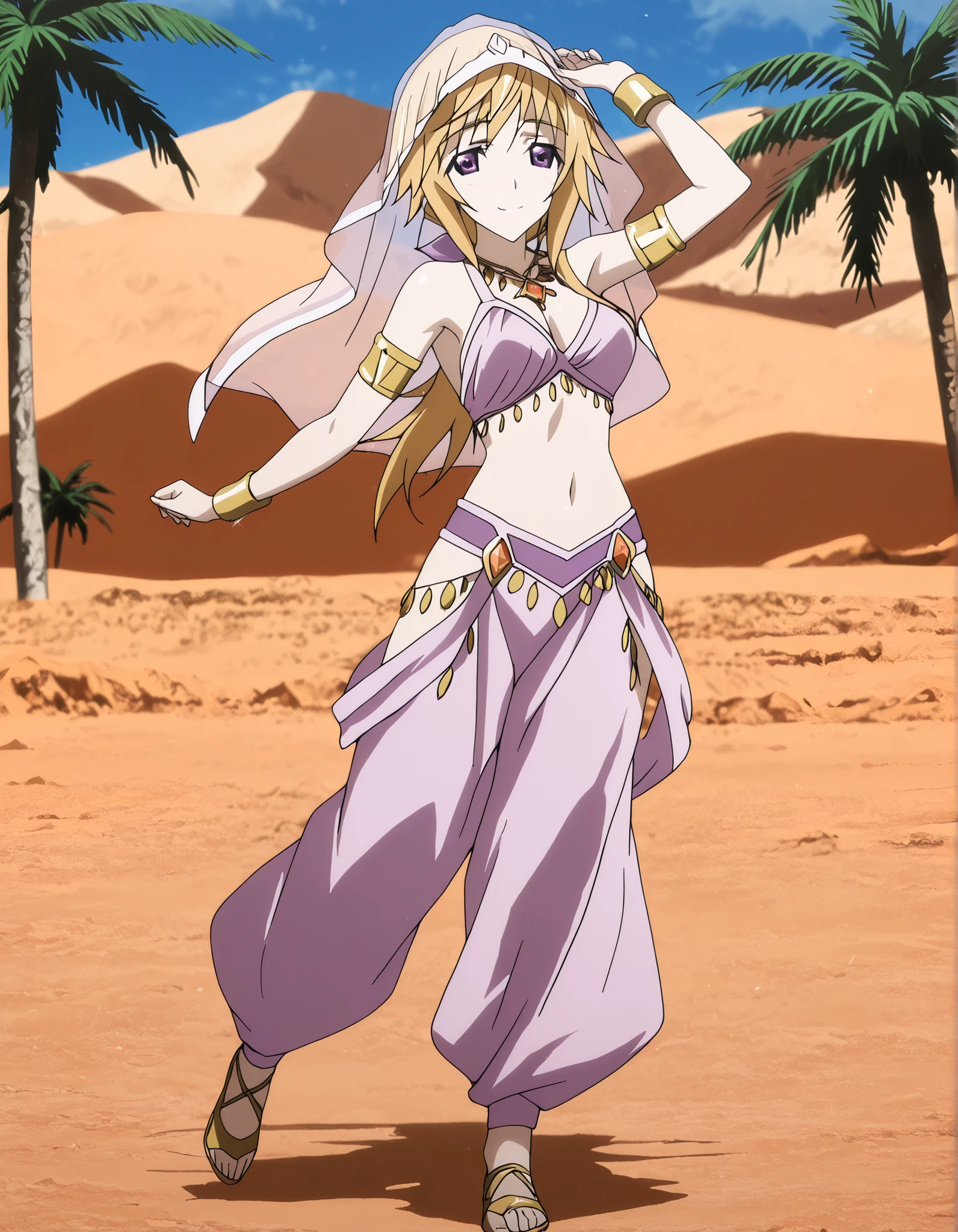 (1girl:1 . 5) , (Seul:1 . 5) , score_9 , score_8_haut , score_7_haut , source_anime , Official work , ultra-detailed , masterpiece , better quality , high resolution , beaux yeux , detailed eyes , Detailed face , beautiful detailed eyes ,Infinite Stratos,Charlotte Dunois,Arabian Clothes , Arabian Dancer ,belly dancer costume,belly dancer outfit ,full body,golden jewelery,armlet,belly dancing,desert lands,palm tree,seductive smile, dancing with veil, dynamic movement,dance posture, pose