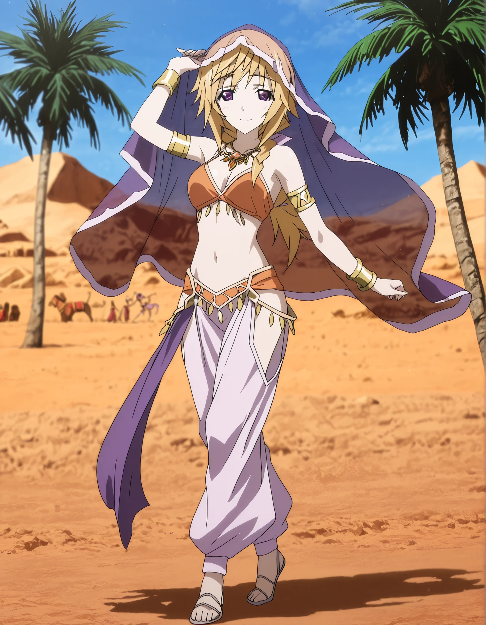 (1girl:1 . 5) , (Seul:1 . 5) , score_9 , score_8_haut , score_7_haut , source_anime , Official work  , ultra-detailed , masterpiece , better quality , high resolution , beaux yeux , detailed eyes , Detailed face , beautiful detailed eyes ,Infinite Stratos,Charlotte Dunois,Arabian Clothes , Arabian Dancer ,belly dancer costume,belly dancer outfit ,full body,golden jewelery,armlet,belly dancing,desert lands,palm tree,seductive smile, dancing with veil, dynamic movement,dance posture,  pose