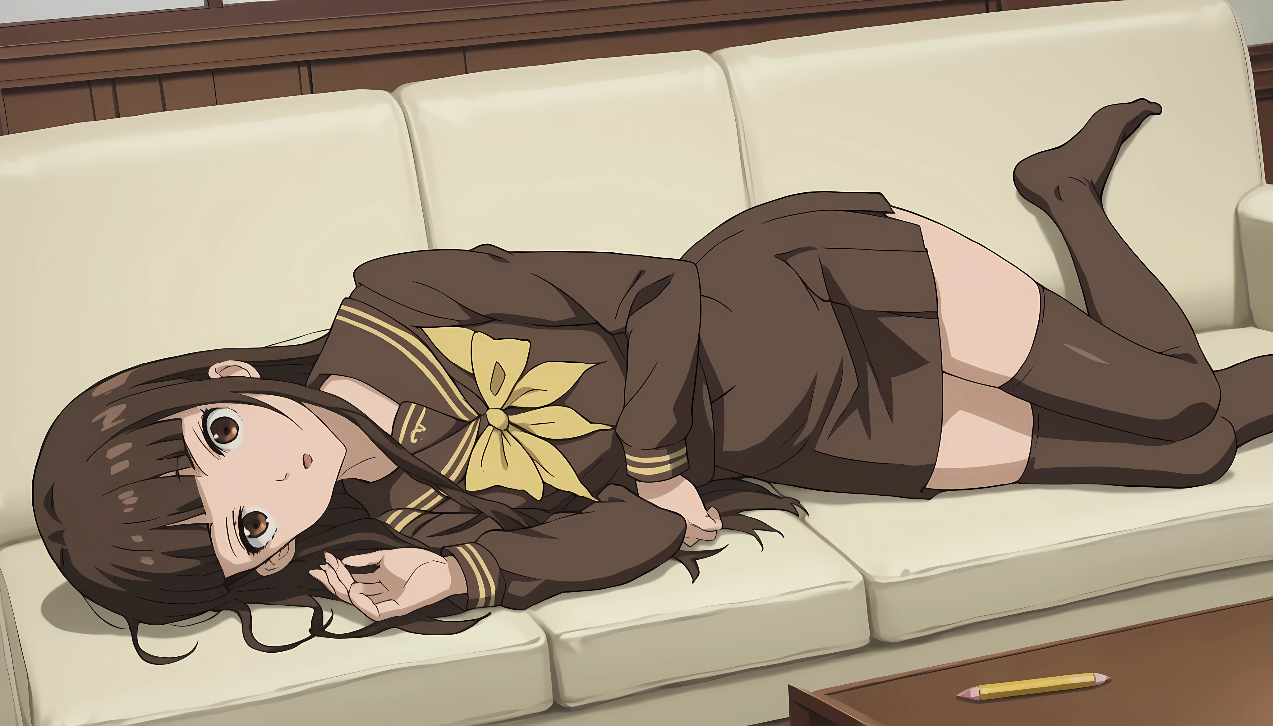 score_9, score_8_up, score_7_up, source_anime, anime screenshot, living room
1girl, solo, brown hair, brown eyes, Haruhi, long hair, brown school uniform outfit, yellow details on uniform, yellow ribbon miniskirt, long hair, school uniform, serafuku, blunt bangs, pencil skirt, brown thighhighs
looking at the viewer, serious, mouth open, lying down over a couch, lying on her back, on side, above view