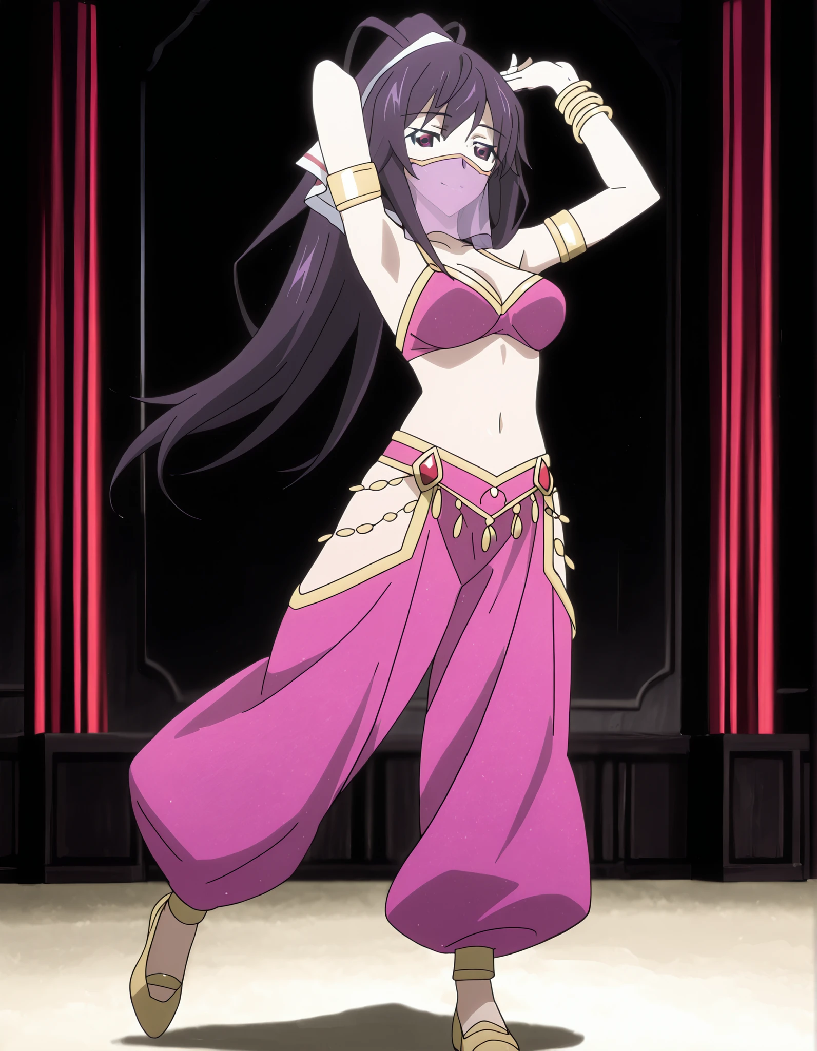 (1girl:1 . 5) , (Seul:1 . 5) , score_9 , score_8_haut , score_7_haut , source_anime , Official work , ultra-detailed , masterpiece , better quality , high resolution , beaux yeux , detailed eyes , Detailed face , beautiful detailed eyes ,Infinite Stratos,Houki shinonono,Arabian Clothes , Arabian Dancer ,belly dancer costume,belly dancer outfit ,full body,golden jewelery,mouth veil,armlet, belly dancing,arabian theater,seductive smile, dancing with veil, dynamic movement,dance posture, pose