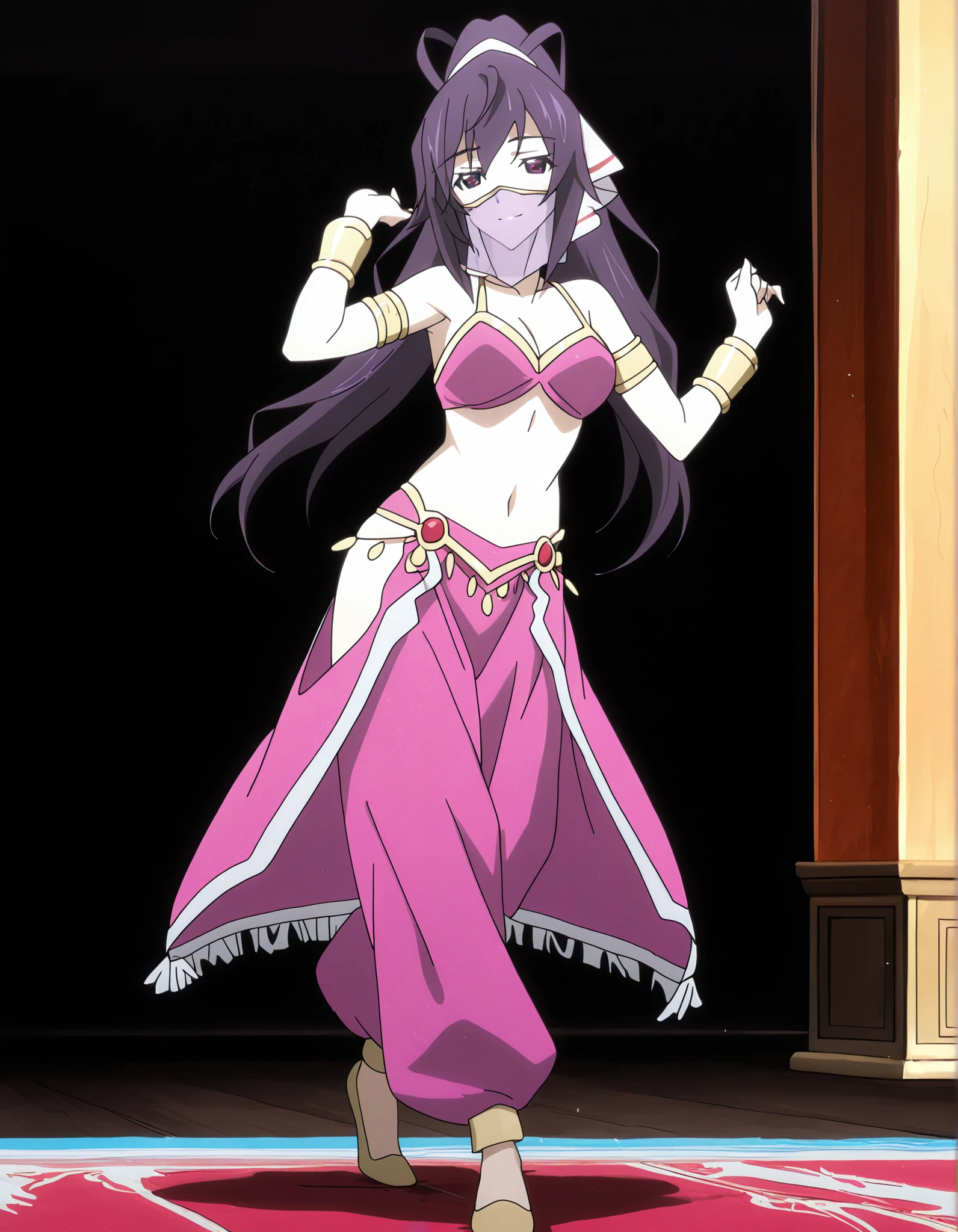 (1girl:1 . 5) , (Seul:1 . 5) , score_9 , score_8_haut , score_7_haut , source_anime , Official work  , ultra-detailed , masterpiece , better quality , high resolution , beaux yeux , detailed eyes , Detailed face , beautiful detailed eyes ,Infinite Stratos,Houki shinonono,Arabian Clothes , Arabian Dancer ,belly dancer costume,belly dancer outfit ,full body,golden jewelery,mouth veil,armlet, belly dancing,arabian theater,seductive smile, dancing with veil, dynamic movement,dance posture,  pose