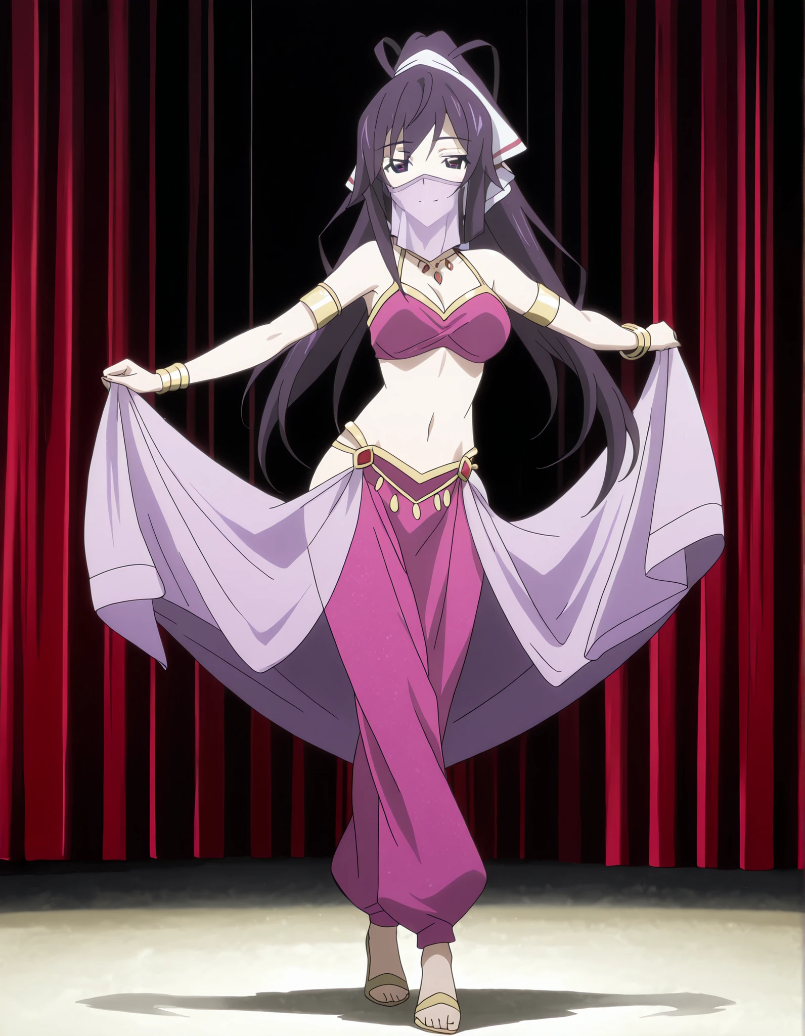 (1girl:1 . 5) , (Seul:1 . 5) , score_9 , score_8_haut , score_7_haut , source_anime , Official work , ultra-detailed , masterpiece , better quality , high resolution , beaux yeux , detailed eyes , Detailed face , beautiful detailed eyes ,Infinite Stratos,Houki shinonono,Arabian Clothes , Arabian Dancer ,belly dancer costume,belly dancer outfit ,full body,golden jewelery,mouth veil,armlet, belly dancing,arabian theater,seductive smile, dancing with veil, dynamic movement,dance posture, pose