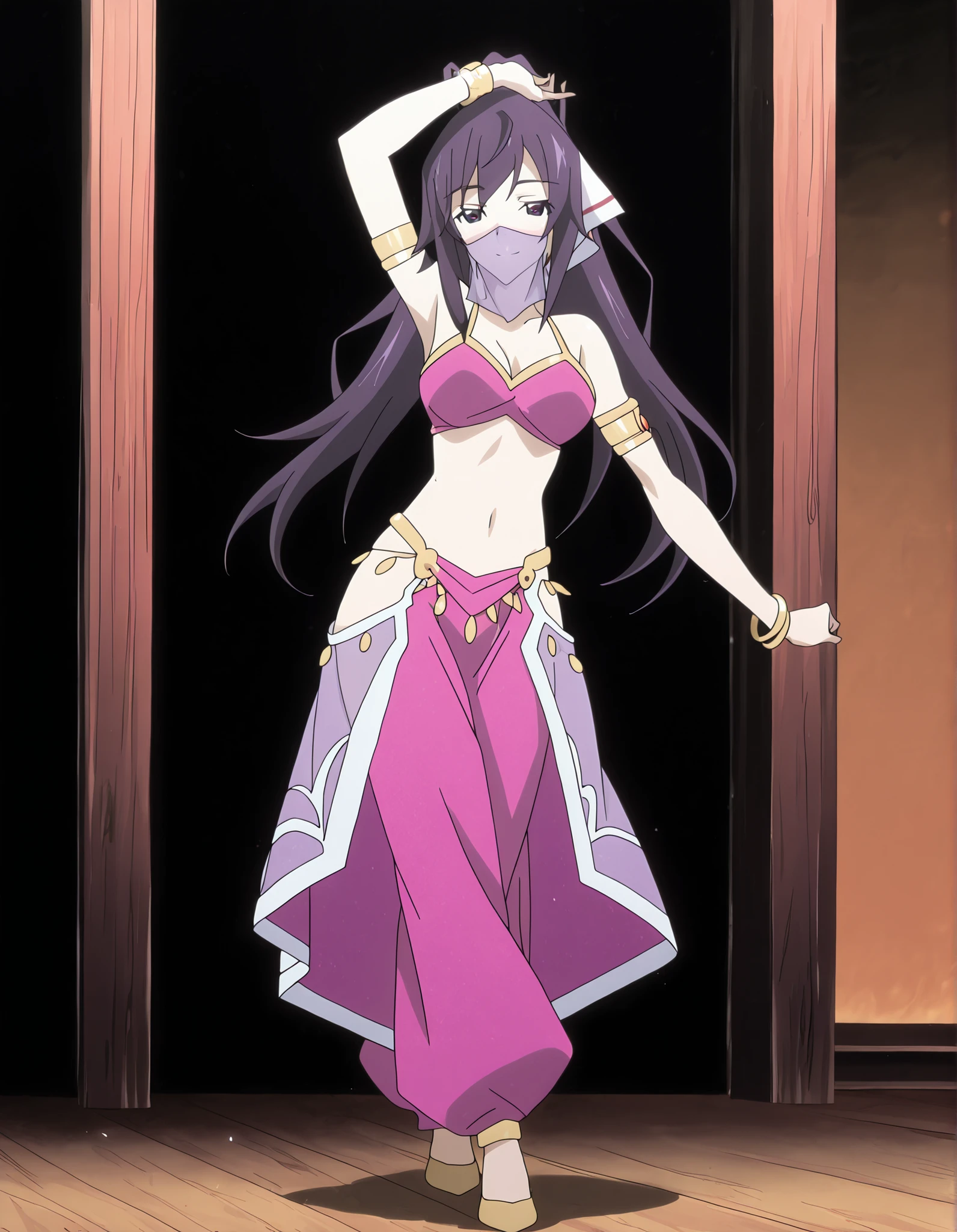 (1girl:1 . 5) , (Seul:1 . 5) , score_9 , score_8_haut , score_7_haut , source_anime , Official work , ultra-detailed , masterpiece , better quality , high resolution , beaux yeux , detailed eyes , Detailed face , beautiful detailed eyes ,Infinite Stratos,Houki shinonono,Arabian Clothes , Arabian Dancer ,belly dancer costume,belly dancer outfit ,full body,golden jewelery,mouth veil,armlet, belly dancing,arabian theater,seductive smile, dancing with veil, dynamic movement,dance posture, pose