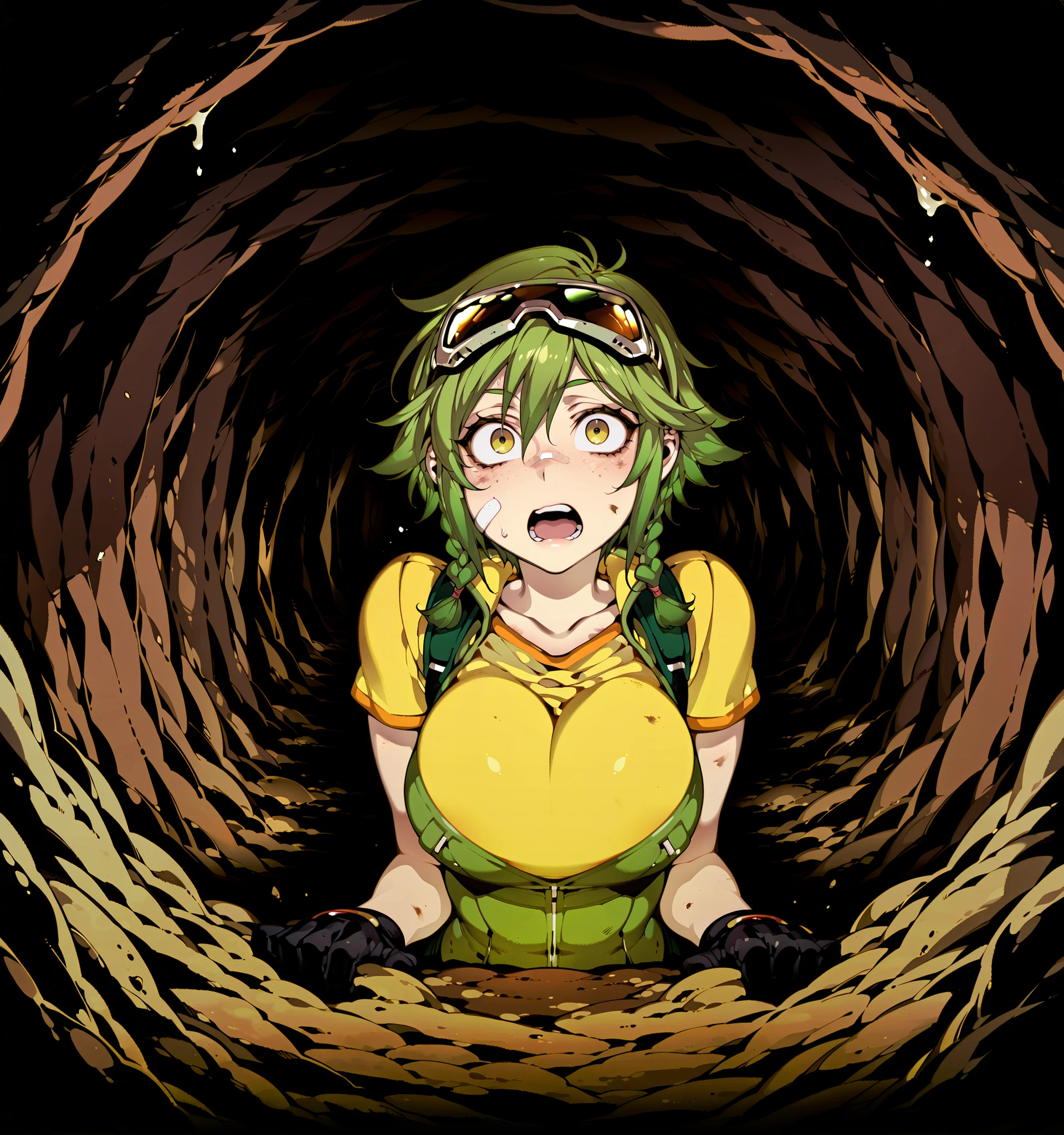 Source_anime, fishine style, 1girl, solo, tomboy BREAK 

Green hair, short hair, twinbraids, yellow eyes, large breasts, freckles, bandaid on nose, dirty face BREAK 

Green vest, bangs, yellow shirt, short sleeves, black gloves, goggles on head BREAK 

Standing, looking up, shocked face, open mouth, head up, looking at viewer 
,
Cave interior, cav3,Scenery, cave, grassy cave, brown interior