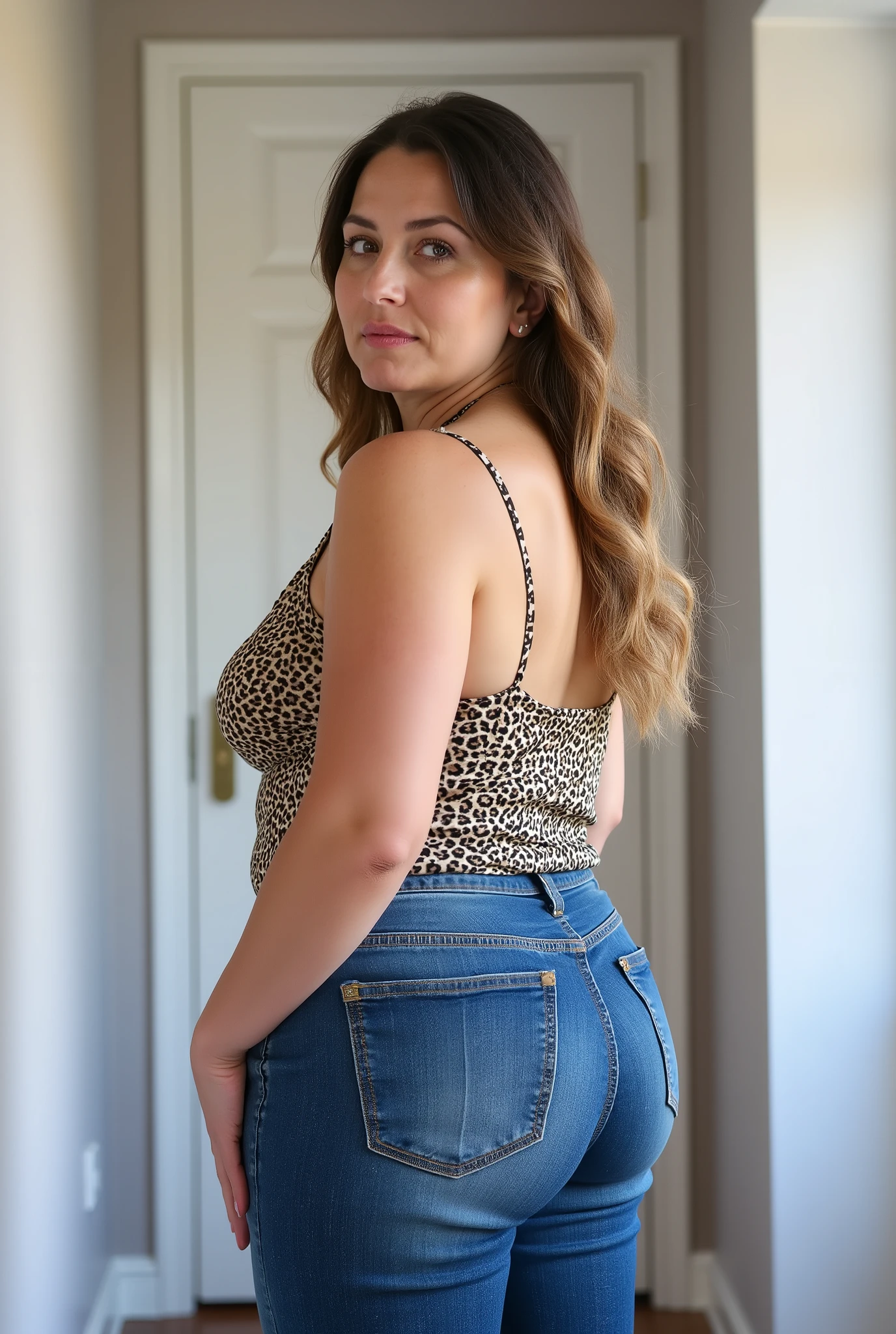 photorealistic portrait of a mature woman with fair skin and stout soft build, strict mom vibes, shot from diagonally behind, visual focus on buttocks, glancing over shoulder, curvy figure with wide hips wide buttocks, long wavy dark blonde hair featuring lighter blonde highlights styled with side part, soft oval face structure with high cheekbones and defined jawline, light makeup application with subtle eyeliner and pink lips, ((strict commanding expression with direct eye contact)), casual pose leaning slightly forward with hands resting on thighs, wearing leopard print camisole with thin spaghetti straps and low neckline in satin-like texture, top firmly tucked into medium blue denim skinny jeans with slight distressing and faint rips, standing indoors within narrow hallway featuring white walls and closed white door behind her, soft indoor lighting illuminating figure naturally, clean modern home setting with minimal decor