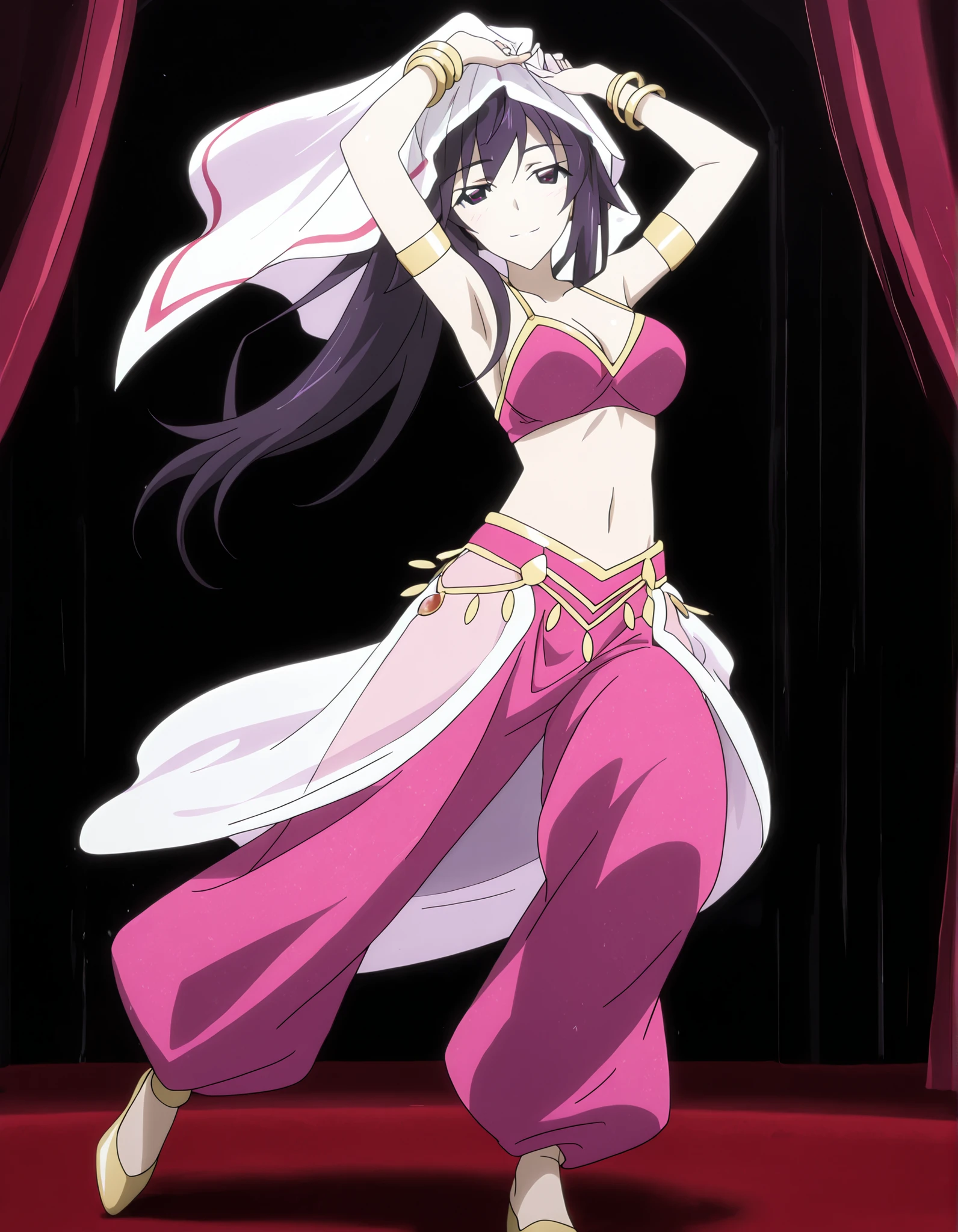 (1girl:1 . 5) , (Seul:1 . 5) , score_9 , score_8_haut , score_7_haut , source_anime , Official work , ultra-detailed , masterpiece , better quality , high resolution , beaux yeux , detailed eyes , Detailed face , beautiful detailed eyes ,Infinite Stratos,Houki shinonono,Arabian Clothes , Arabian Dancer ,belly dancer costume,belly dancer outfit ,full body,golden jewelery,armlet, belly dancing,arabian theater,seductive smile, dancing with veil, dynamic movement,dance posture, pose