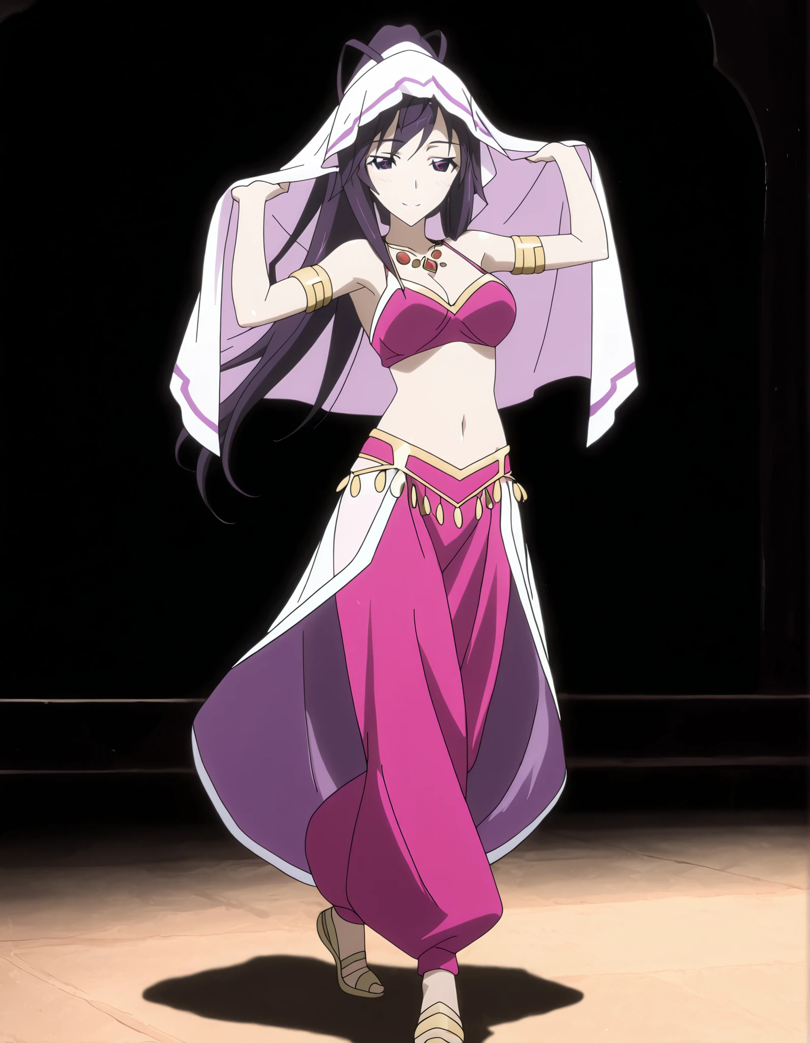 (1girl:1 . 5) , (Seul:1 . 5) , score_9 , score_8_haut , score_7_haut , source_anime , Official work  , ultra-detailed , masterpiece , better quality , high resolution , beaux yeux , detailed eyes , Detailed face , beautiful detailed eyes ,Infinite Stratos,Houki shinonono,Arabian Clothes , Arabian Dancer ,belly dancer costume,belly dancer outfit ,full body,golden jewelery,armlet, belly dancing,arabian theater,seductive smile, dancing with veil, dynamic movement,dance posture,  pose