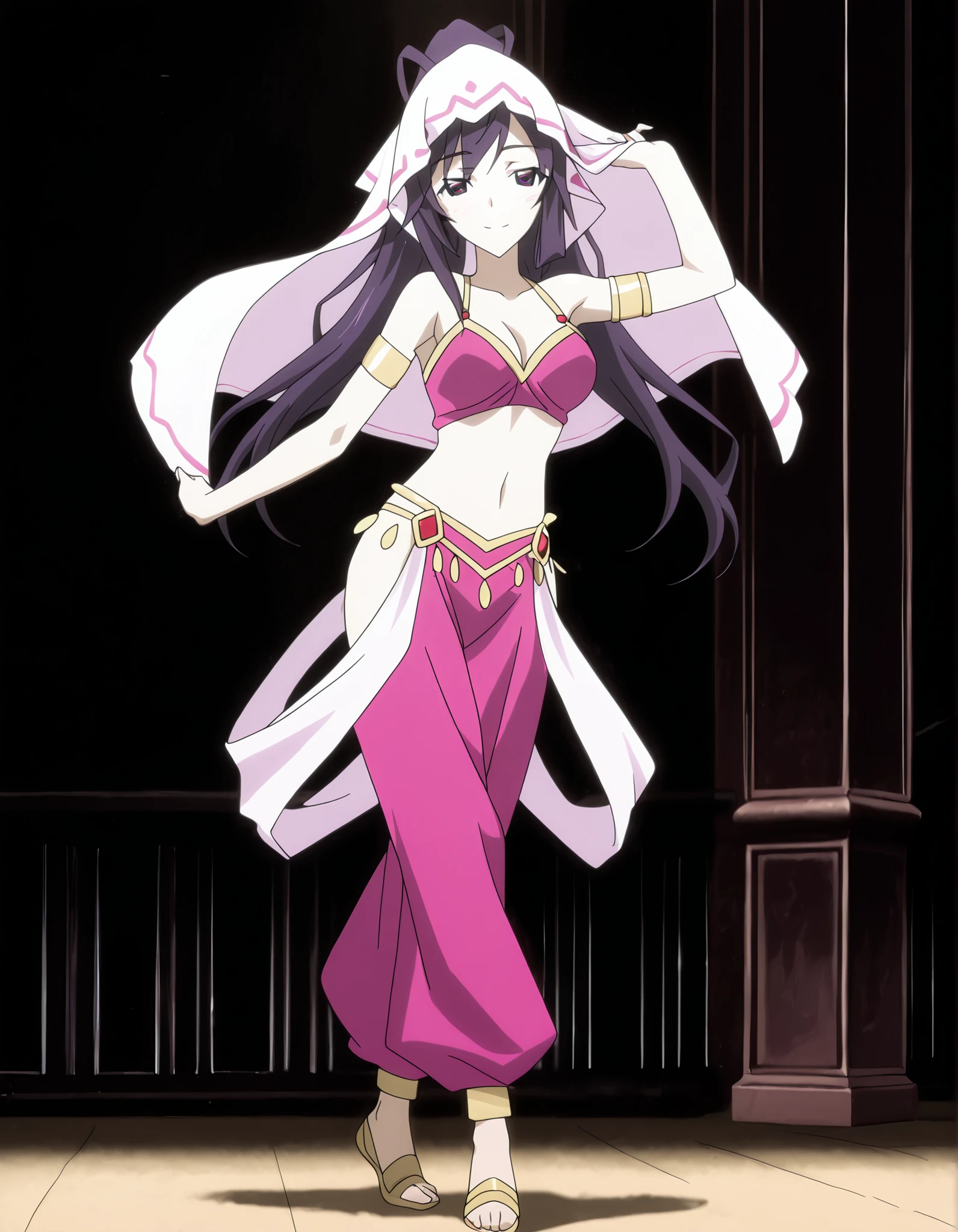 (1girl:1 . 5) , (Seul:1 . 5) , score_9 , score_8_haut , score_7_haut , source_anime , Official work  , ultra-detailed , masterpiece , better quality , high resolution , beaux yeux , detailed eyes , Detailed face , beautiful detailed eyes ,Infinite Stratos,Houki shinonono,Arabian Clothes , Arabian Dancer ,belly dancer costume,belly dancer outfit ,full body,golden jewelery,armlet, belly dancing,arabian theater,seductive smile, dancing with veil, dynamic movement,dance posture,  pose