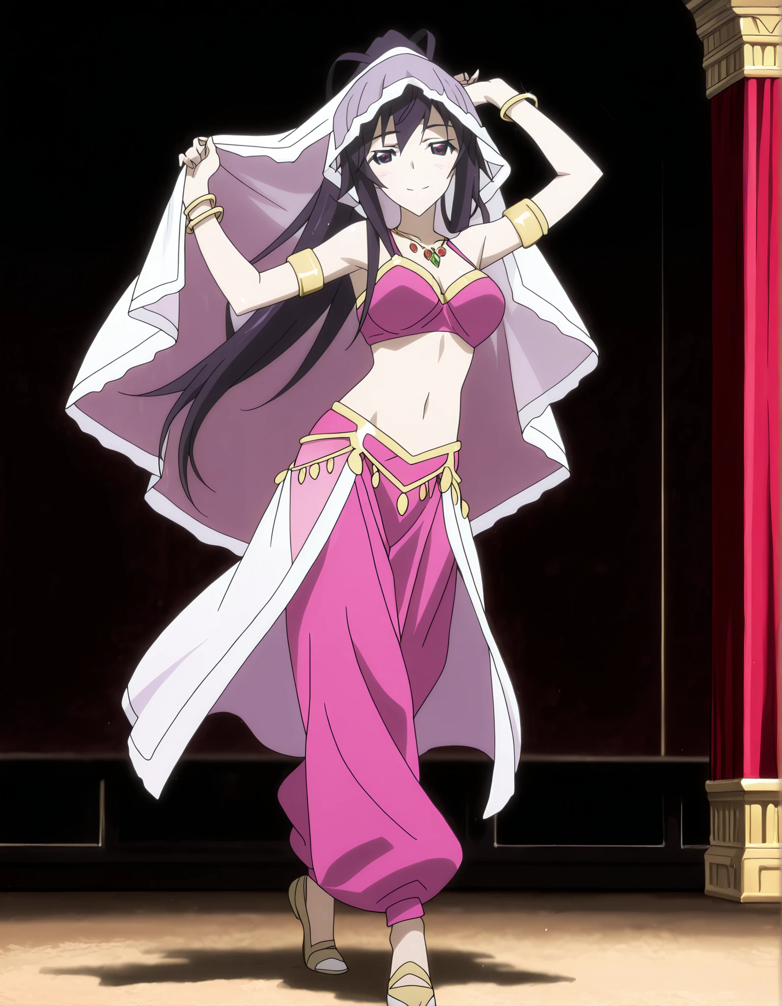 (1girl:1 . 5) , (Seul:1 . 5) , score_9 , score_8_haut , score_7_haut , source_anime , Official work , ultra-detailed , masterpiece , better quality , high resolution , beaux yeux , detailed eyes , Detailed face , beautiful detailed eyes ,Infinite Stratos,Houki shinonono,Arabian Clothes , Arabian Dancer ,belly dancer costume,belly dancer outfit ,full body,golden jewelery,armlet, belly dancing,arabian theater,seductive smile, dancing with veil, dynamic movement,dance posture, pose