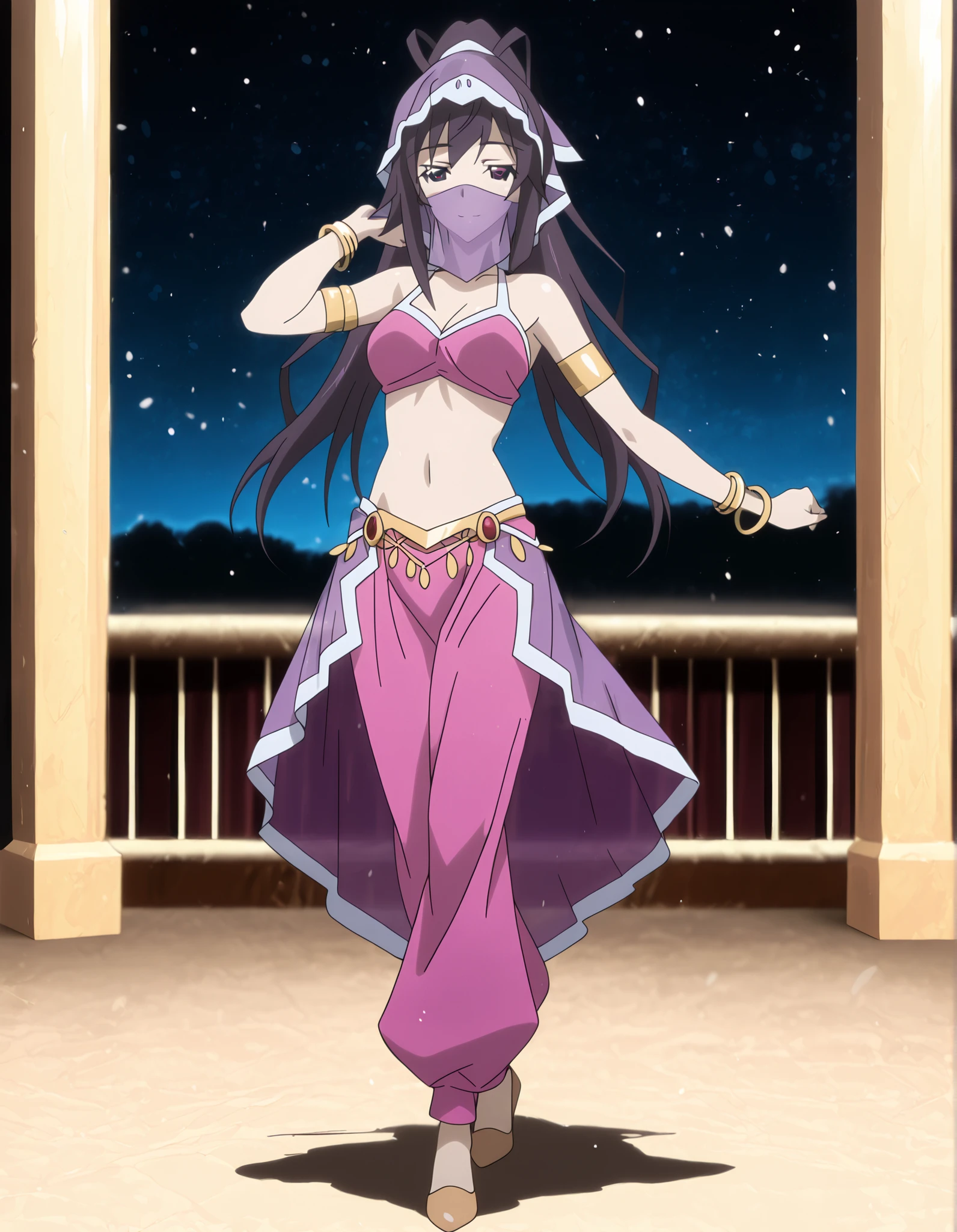 (1girl:1 . 5) , (Seul:1 . 5) , score_9 , score_8_haut , score_7_haut , source_anime , Official work , ultra-detailed , masterpiece , better quality , high resolution , beaux yeux , detailed eyes , Detailed face , beautiful detailed eyes ,Infinite Stratos,Houki shinonono,Arabian Clothes , Arabian Dancer ,belly dancer costume,belly dancer outfit ,full body,golden jewelery,mouth veil,armlet, belly dancing,night,arabian garden,seductive smile, dancing with veil, dynamic movement,dance posture, pose