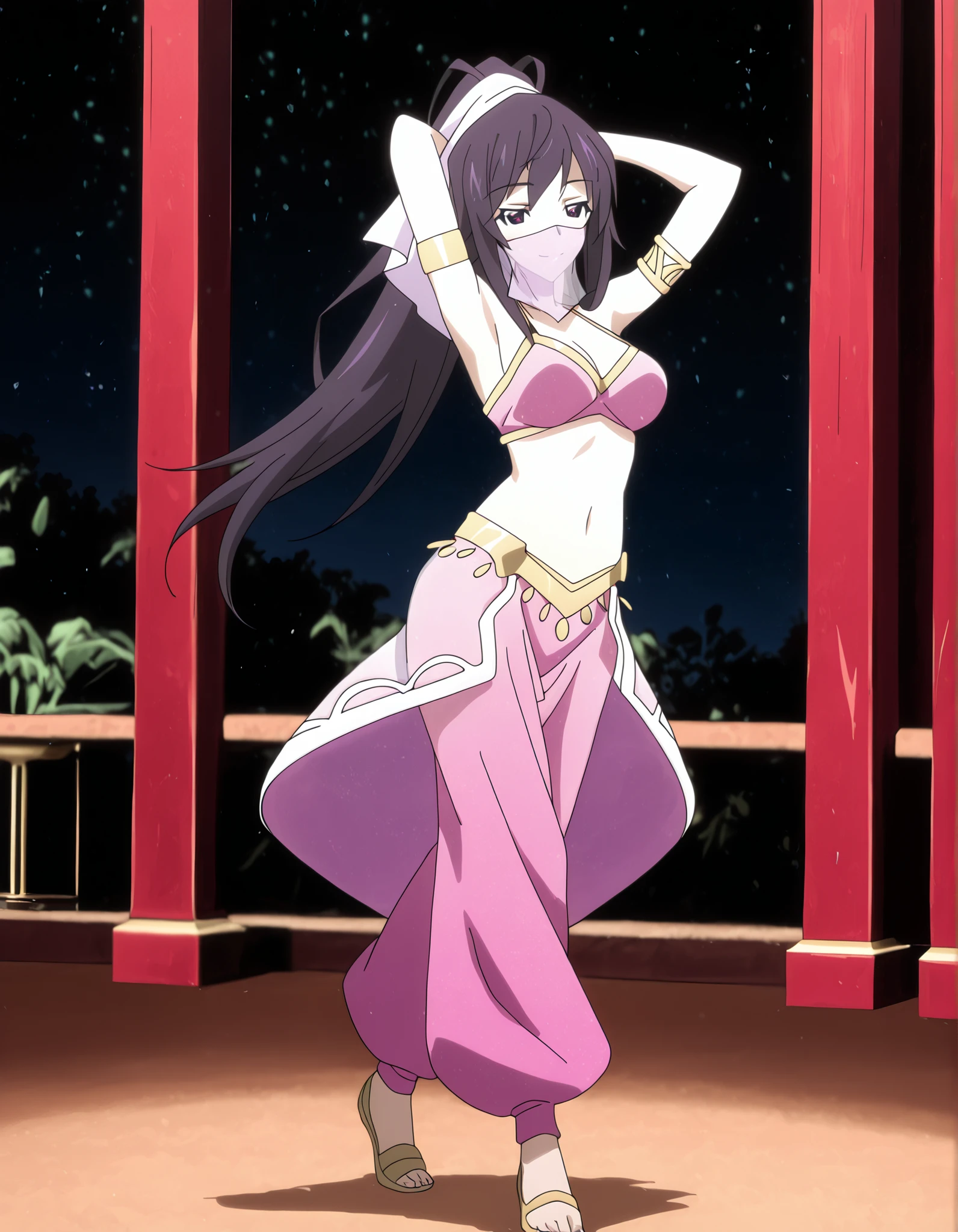 (1girl:1 . 5) , (Seul:1 . 5) , score_9 , score_8_haut , score_7_haut , source_anime , Official work , ultra-detailed , masterpiece , better quality , high resolution , beaux yeux , detailed eyes , Detailed face , beautiful detailed eyes ,Infinite Stratos,Houki shinonono,Arabian Clothes , Arabian Dancer ,belly dancer costume,belly dancer outfit ,full body,golden jewelery,mouth veil,armlet, belly dancing,night,arabian garden,seductive smile, dancing with veil, dynamic movement,dance posture, pose