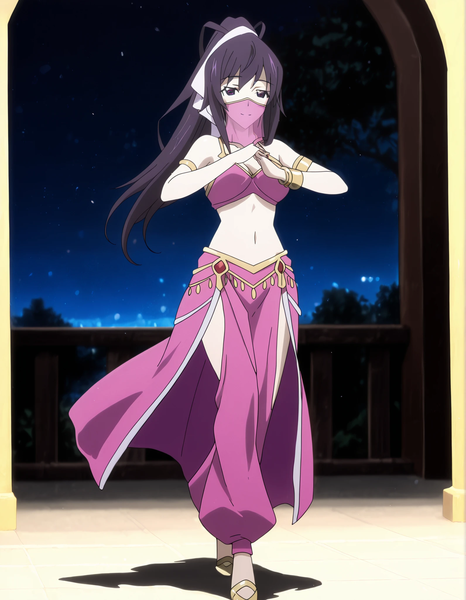 (1girl:1 . 5) , (Seul:1 . 5) , score_9 , score_8_haut , score_7_haut , source_anime , Official work  , ultra-detailed , masterpiece , better quality , high resolution , beaux yeux , detailed eyes , Detailed face , beautiful detailed eyes ,Infinite Stratos,Houki shinonono,Arabian Clothes , Arabian Dancer ,belly dancer costume,belly dancer outfit ,full body,golden jewelery,mouth veil,armlet, belly dancing,night,arabian garden,seductive smile, dancing with veil, dynamic movement,dance posture,  pose