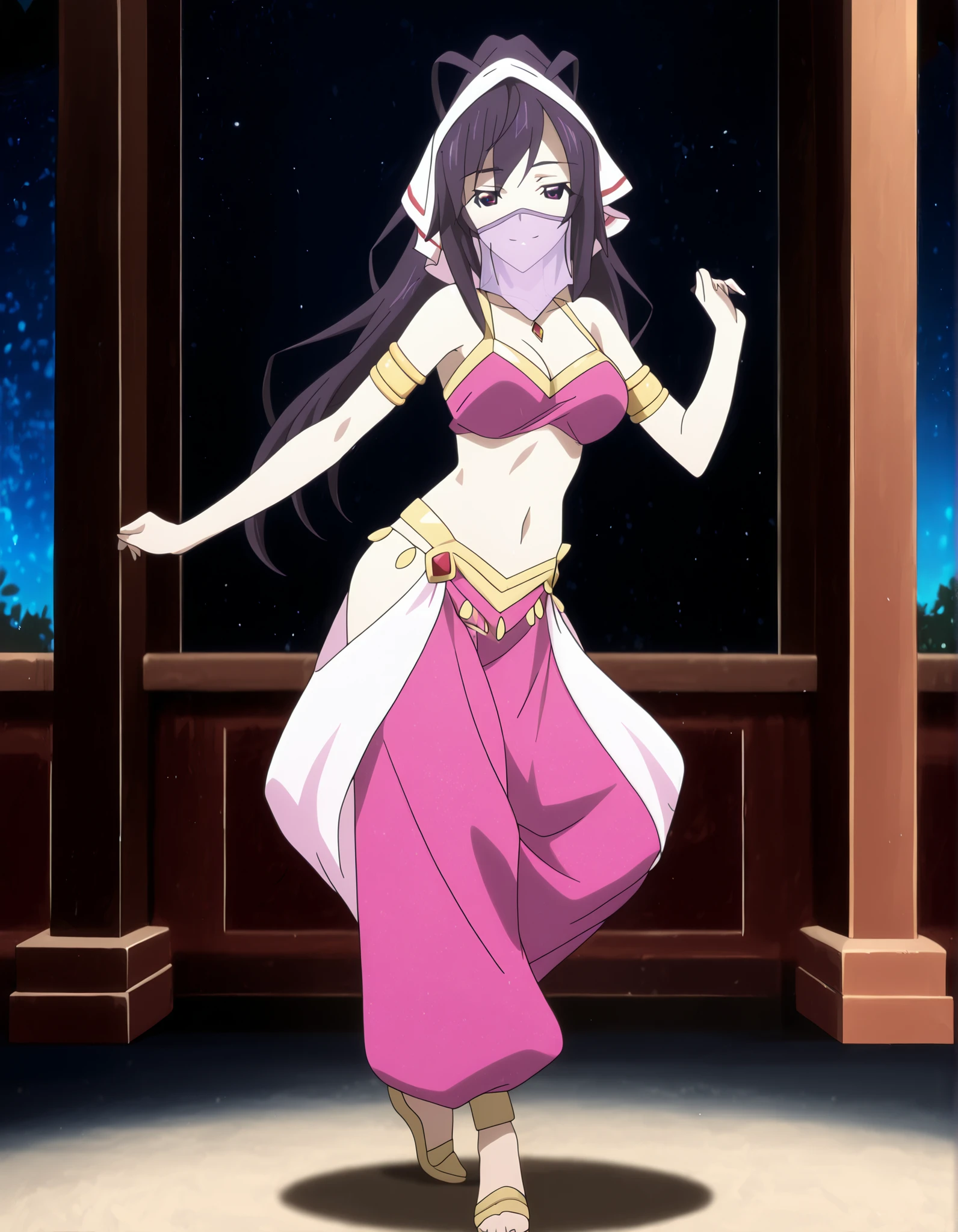 (1girl:1 . 5) , (Seul:1 . 5) , score_9 , score_8_haut , score_7_haut , source_anime , Official work  , ultra-detailed , masterpiece , better quality , high resolution , beaux yeux , detailed eyes , Detailed face , beautiful detailed eyes ,Infinite Stratos,Houki shinonono,Arabian Clothes , Arabian Dancer ,belly dancer costume,belly dancer outfit ,full body,golden jewelery,mouth veil,armlet, belly dancing,night,arabian garden,seductive smile, dancing with veil, dynamic movement,dance posture,  pose