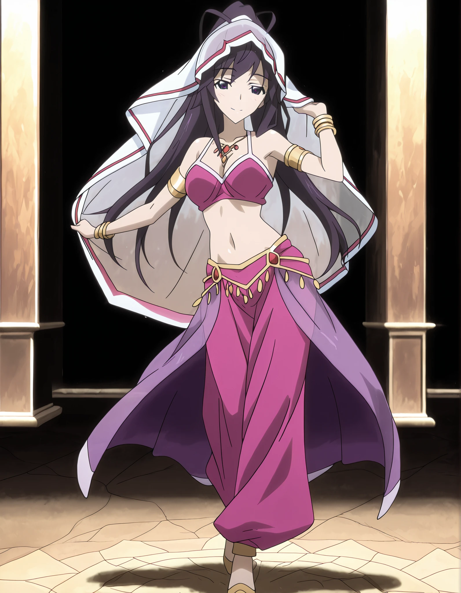 (1girl:1 . 5) , (Seul:1 . 5) , score_9 , score_8_haut , score_7_haut , source_anime , Official work  , ultra-detailed , masterpiece , better quality , high resolution , beaux yeux , detailed eyes , Detailed face , beautiful detailed eyes ,Infinite Stratos,Houki shinonono,Arabian Clothes , Arabian Dancer ,belly dancer costume,belly dancer outfit ,full body,golden jewelery,armlet, belly dancing,arabian garden,seductive smile, dancing with veil, dynamic movement,dance posture,  pose