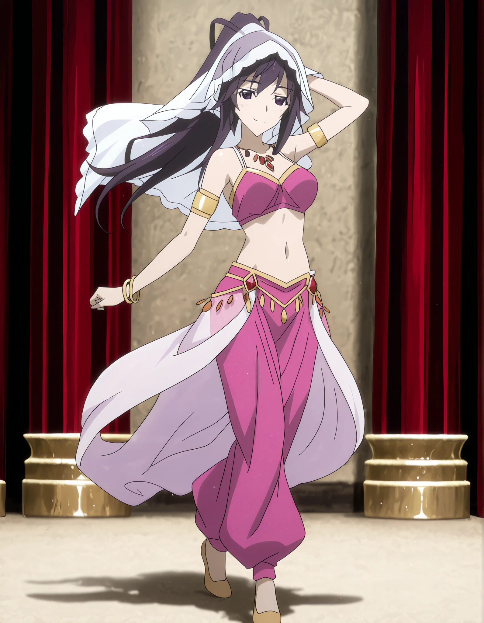 (1girl:1 . 5) , (Seul:1 . 5) , score_9 , score_8_haut , score_7_haut , source_anime , Official work , ultra-detailed , masterpiece , better quality , high resolution , beaux yeux , detailed eyes , Detailed face , beautiful detailed eyes ,Infinite Stratos,Houki shinonono,Arabian Clothes , Arabian Dancer ,belly dancer costume,belly dancer outfit ,full body,golden jewelery,armlet, belly dancing,arabian garden,seductive smile, dancing with veil, dynamic movement,dance posture, pose