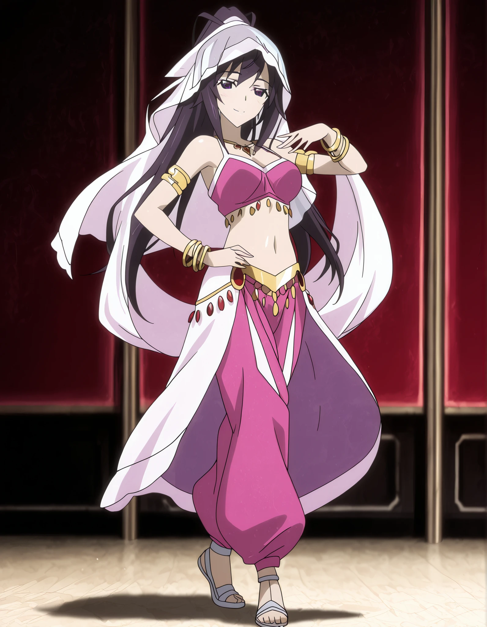 (1girl:1 . 5) , (Seul:1 . 5) , score_9 , score_8_haut , score_7_haut , source_anime , Official work , ultra-detailed , masterpiece , better quality , high resolution , beaux yeux , detailed eyes , Detailed face , beautiful detailed eyes ,Infinite Stratos,Houki shinonono,Arabian Clothes , Arabian Dancer ,belly dancer costume,belly dancer outfit ,full body,golden jewelery,armlet, belly dancing,arabian garden,seductive smile, dancing with veil, dynamic movement,dance posture, pose