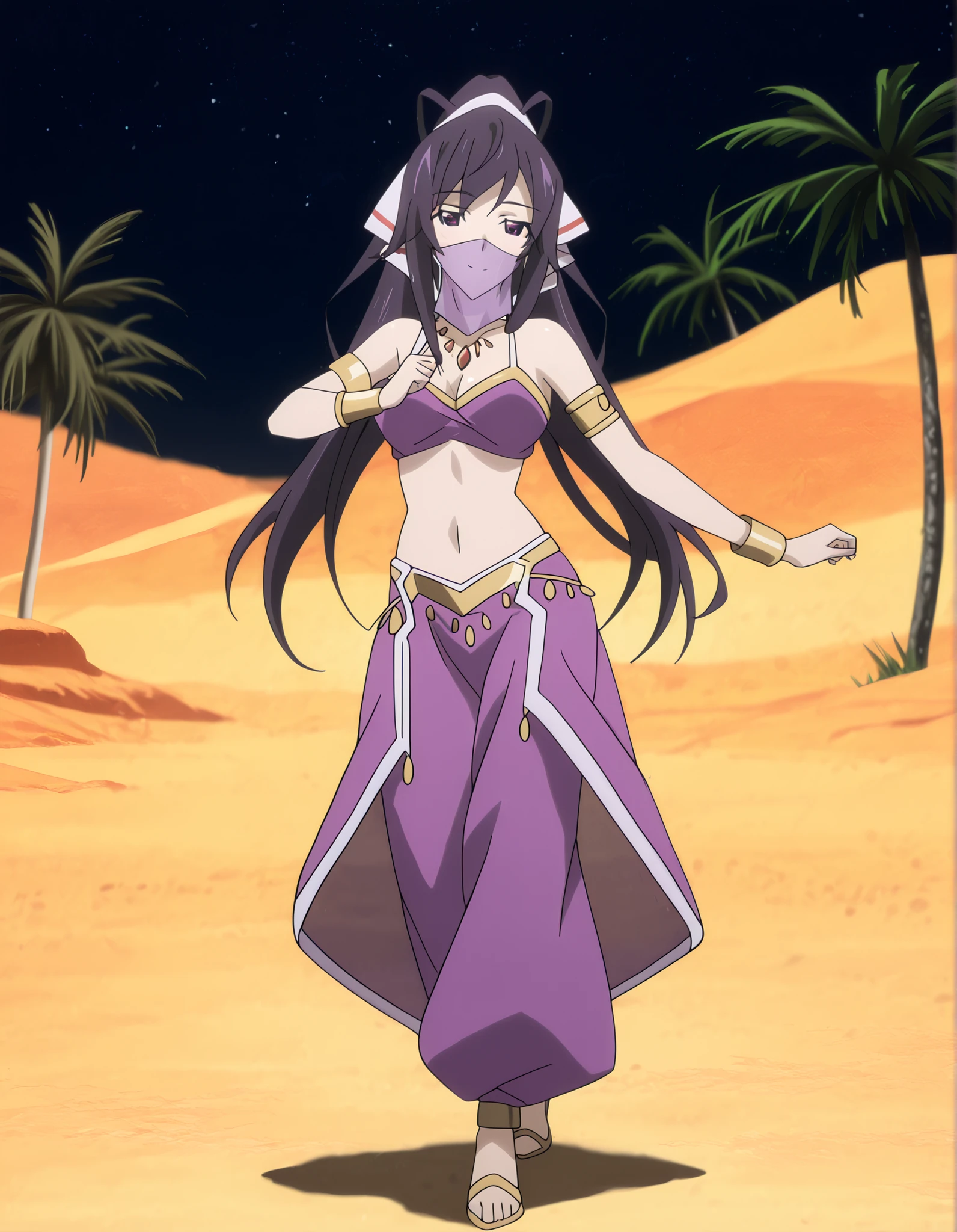 (1girl:1 . 5) , (Seul:1 . 5) , score_9 , score_8_haut , score_7_haut , source_anime , Official work  , ultra-detailed , masterpiece , better quality , high resolution , beaux yeux , detailed eyes , Detailed face , beautiful detailed eyes ,Infinite Stratos,Houki shinonono,Arabian Clothes , Arabian Dancer ,belly dancer costume,belly dancer outfit ,full body,golden jewelery,mouth veil,armlet, belly dancing,night,desert lands,palm tree,seductive smile, dancing with veil, dynamic movement,dance posture,  pose