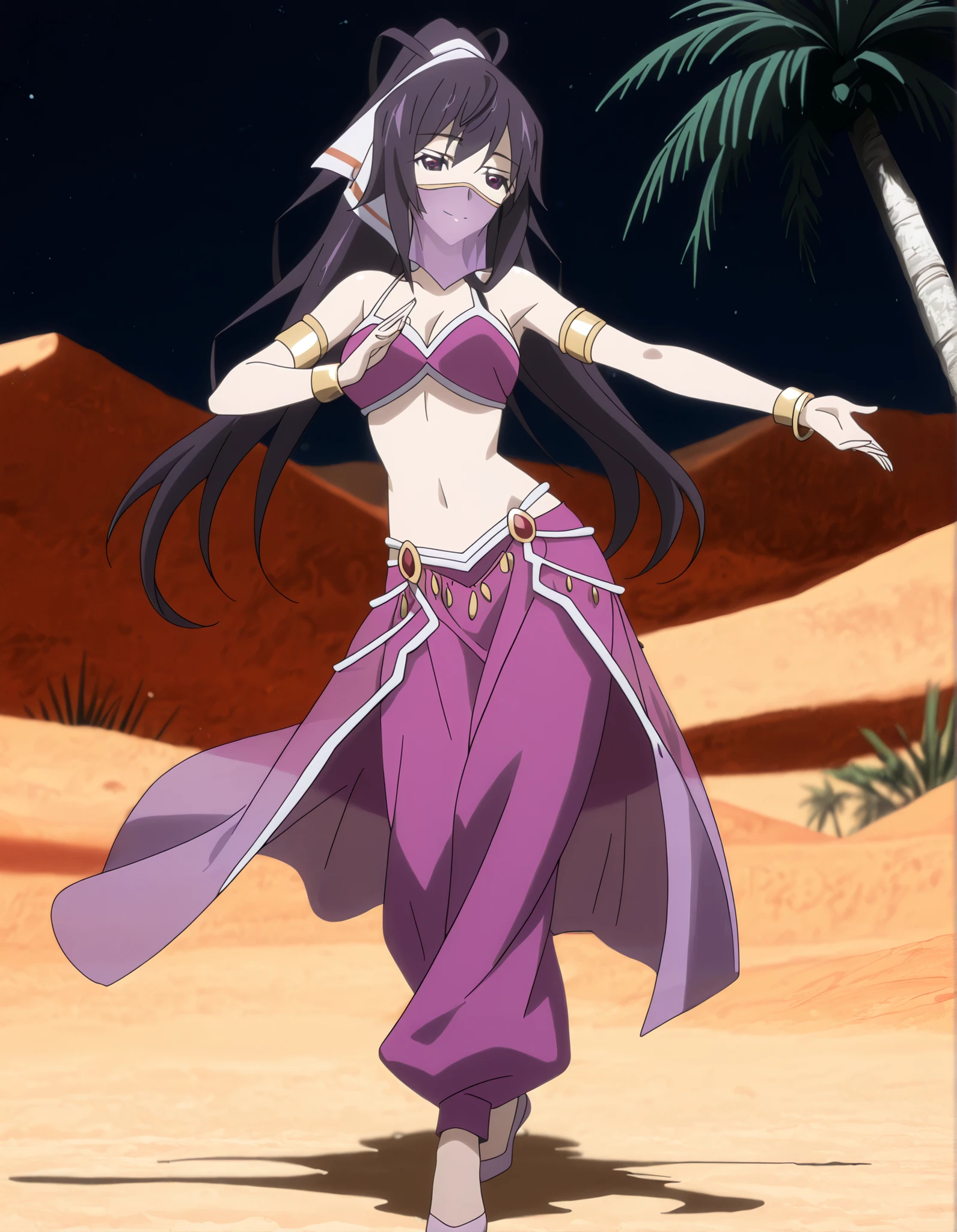 (1girl:1 . 5) , (Seul:1 . 5) , score_9 , score_8_haut , score_7_haut , source_anime , Official work  , ultra-detailed , masterpiece , better quality , high resolution , beaux yeux , detailed eyes , Detailed face , beautiful detailed eyes ,Infinite Stratos,Houki shinonono,Arabian Clothes , Arabian Dancer ,belly dancer costume,belly dancer outfit ,full body,golden jewelery,mouth veil,armlet, belly dancing,night,desert lands,palm tree,seductive smile, dancing with veil, dynamic movement,dance posture,  pose