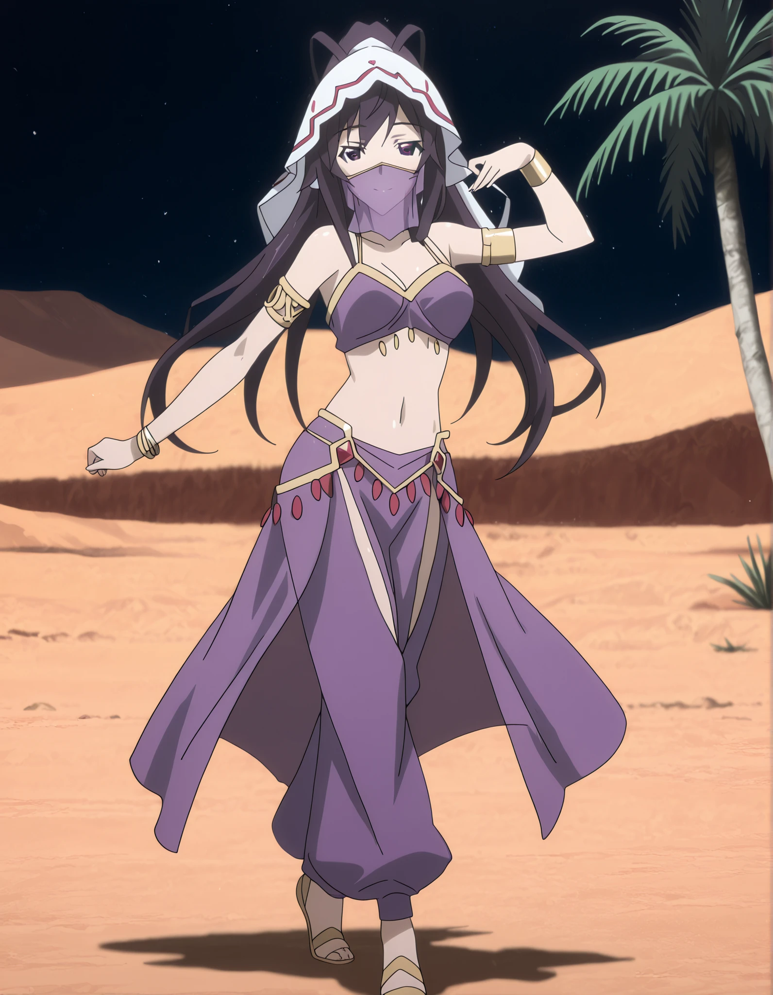 (1girl:1 . 5) , (Seul:1 . 5) , score_9 , score_8_haut , score_7_haut , source_anime , Official work  , ultra-detailed , masterpiece , better quality , high resolution , beaux yeux , detailed eyes , Detailed face , beautiful detailed eyes ,Infinite Stratos,Houki shinonono,Arabian Clothes , Arabian Dancer ,belly dancer costume,belly dancer outfit ,full body,golden jewelery,mouth veil,armlet, belly dancing,night,desert lands,palm tree,seductive smile, dancing with veil, dynamic movement,dance posture,  pose