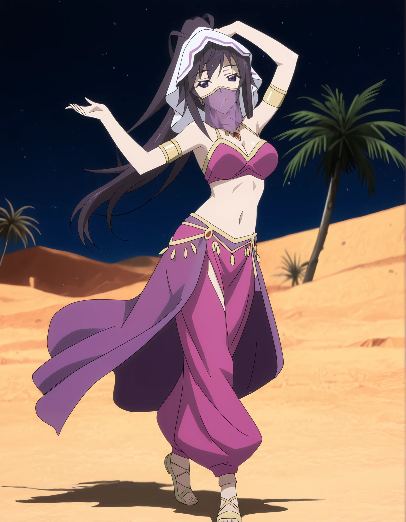 (1girl:1 . 5) , (Seul:1 . 5) , score_9 , score_8_haut , score_7_haut , source_anime , Official work , ultra-detailed , masterpiece , better quality , high resolution , beaux yeux , detailed eyes , Detailed face , beautiful detailed eyes ,Infinite Stratos,Houki shinonono,Arabian Clothes , Arabian Dancer ,belly dancer costume,belly dancer outfit ,full body,golden jewelery,mouth veil,armlet, belly dancing,night,desert lands,palm tree,seductive smile, dancing with veil, dynamic movement,dance posture, pose