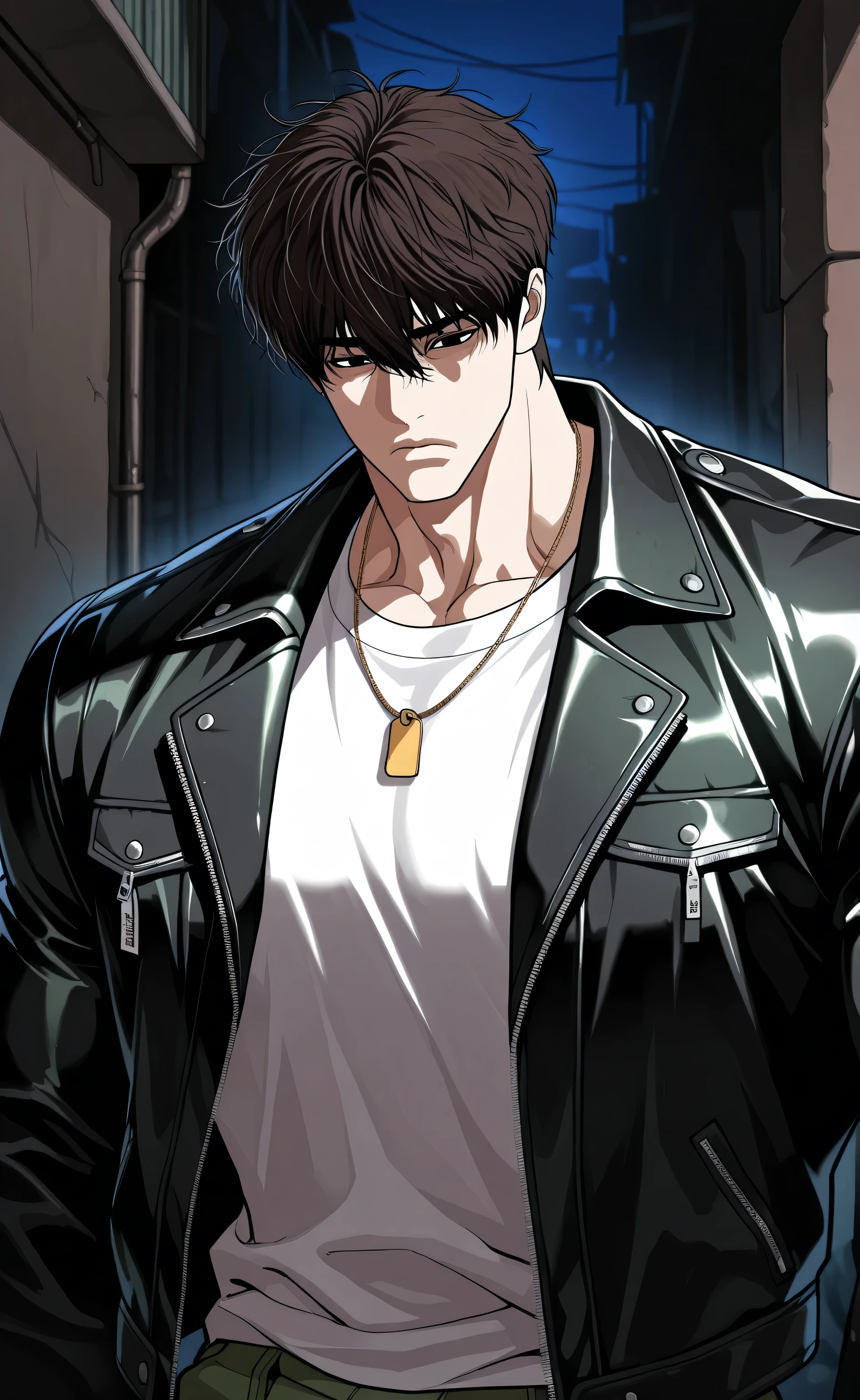 1male, solo, dark-brown hair, short hair, messy hair, hair between eyes, bang, black eyes, cool face, black leather jacket, white t-shirts, green cargo pants, tag necklaces, big muscle, alley, night, korea, portrait, Lookism