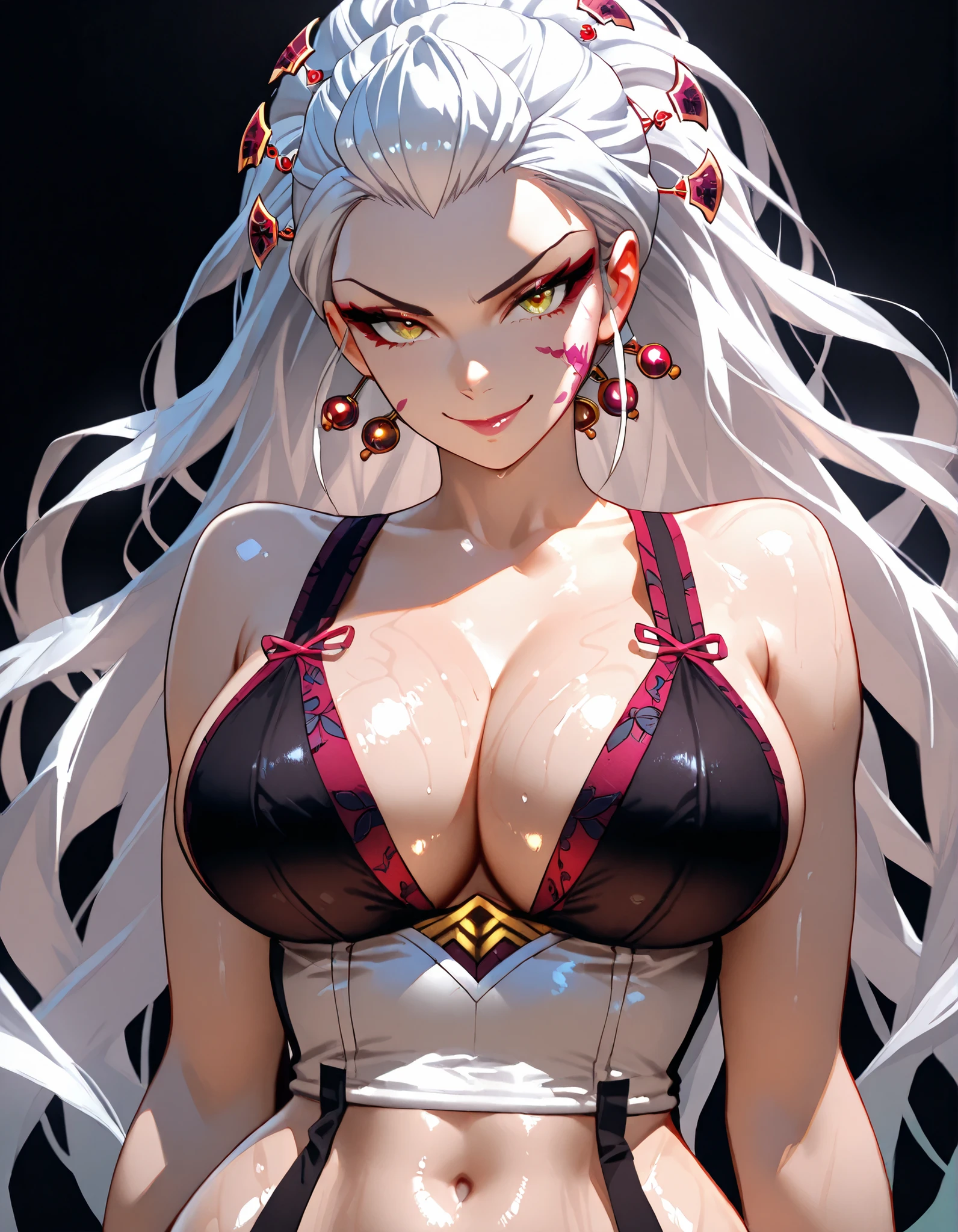 score_9, masterpiece, top quality, vibrant, Very Aesthetic, High Contrast , Semi-realistic, , natural light, , 1girl, solo,, daki , Daki ,   , daki , Daki , white hair , long hair , hair tips are green  , ,,  simple background, black background, midriff, wide , thin waist, thick thighs,  smile, black and red lingerie, background, shiny skin, , , vivid colors,,  stockings, dynamic pose, ,  expression, oiled, shiny skin, look at viewer, perfect , upper body, portrait, white vest, cleavage, 