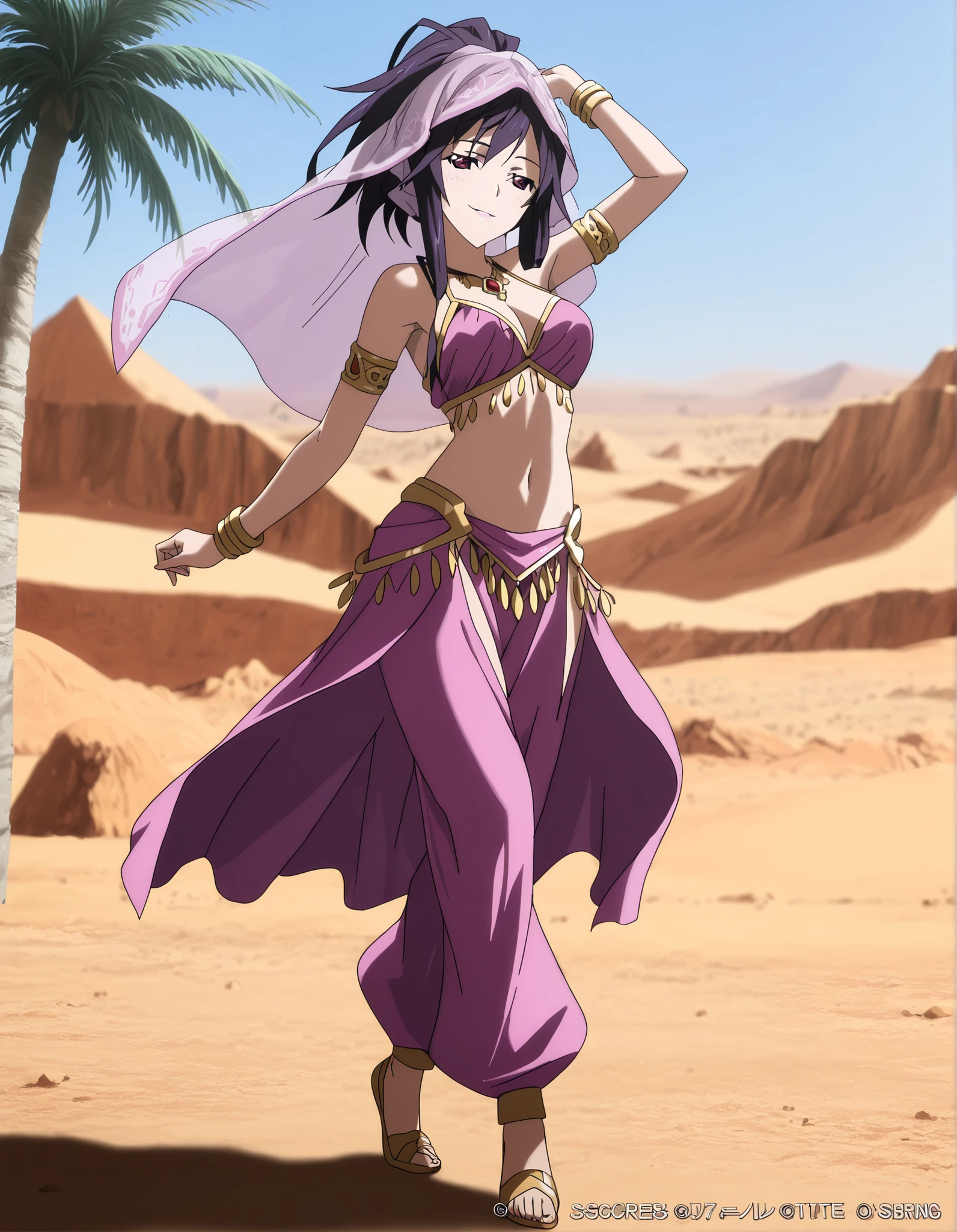 (1girl:1 . 5) , (Seul:1 . 5) , score_9 , score_8_haut , score_7_haut , source_anime , Official work , ultra-detailed , masterpiece , better quality , high resolution , beaux yeux , detailed eyes , Detailed face , beautiful detailed eyes ,Infinite Stratos,Houki shinonono,Arabian Clothes , Arabian Dancer ,belly dancer costume,belly dancer outfit ,full body,golden jewelery,armlet, belly dancing,desert lands,palm tree,seductive smile, dancing with veil, dynamic movement,dance posture, pose