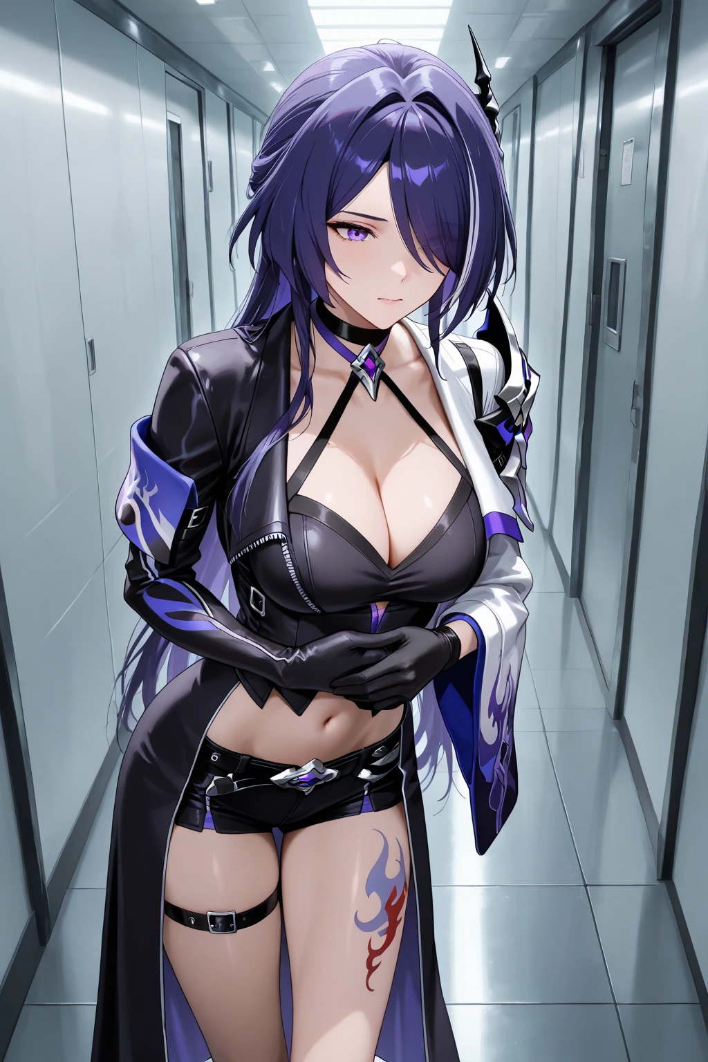 Black hair, pigtails, purple eyes, dynamic pose, black leather jumper, micro bra, side tie ????? (dark: 1.2) high definition, masterpiece, best work