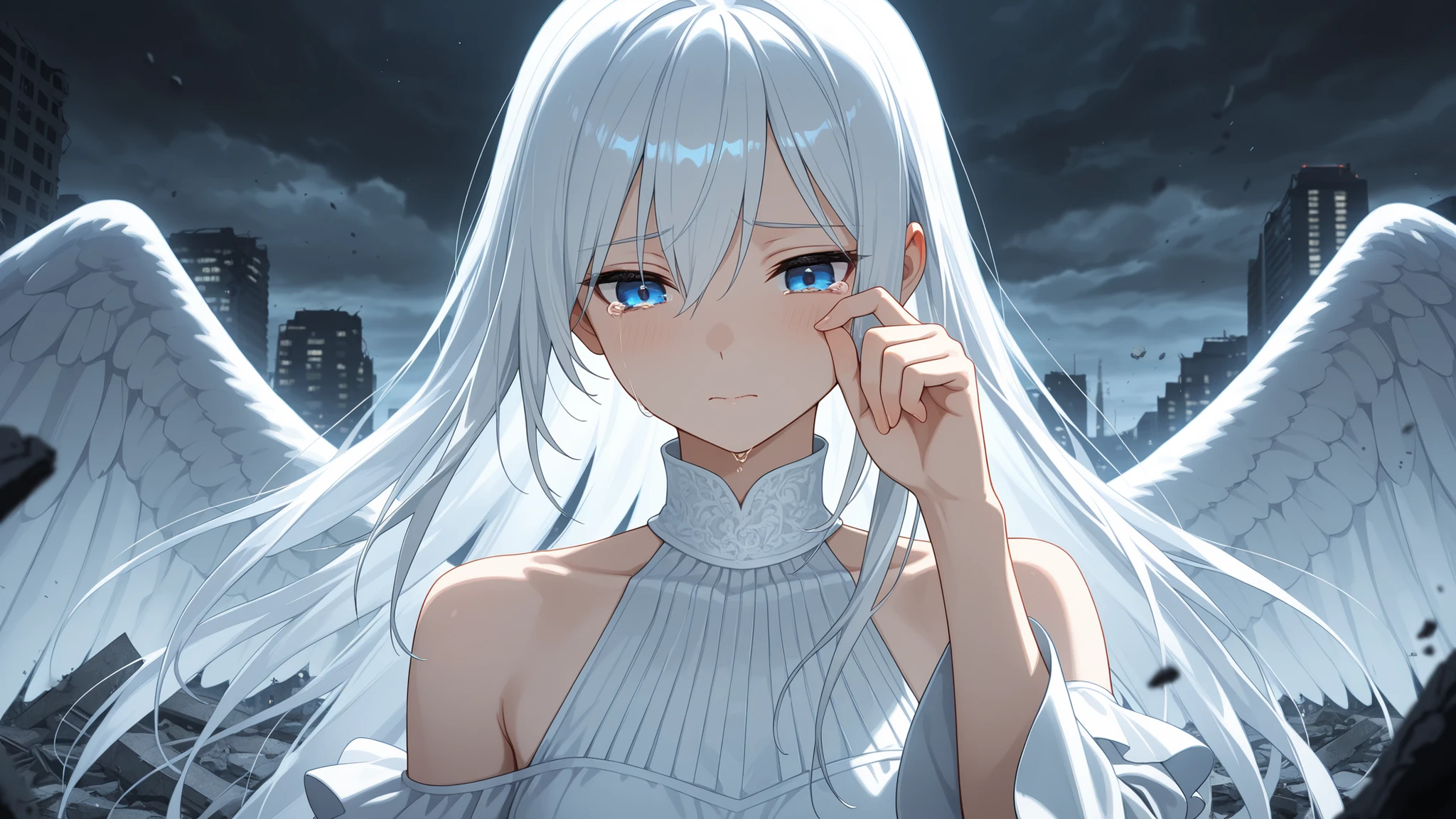 1 woman, full body, looking with some annoyance at the viewer, This girl with intense blue eyes, And long white hair, She wears a dark blue , and also his  is the same dark blue color.
