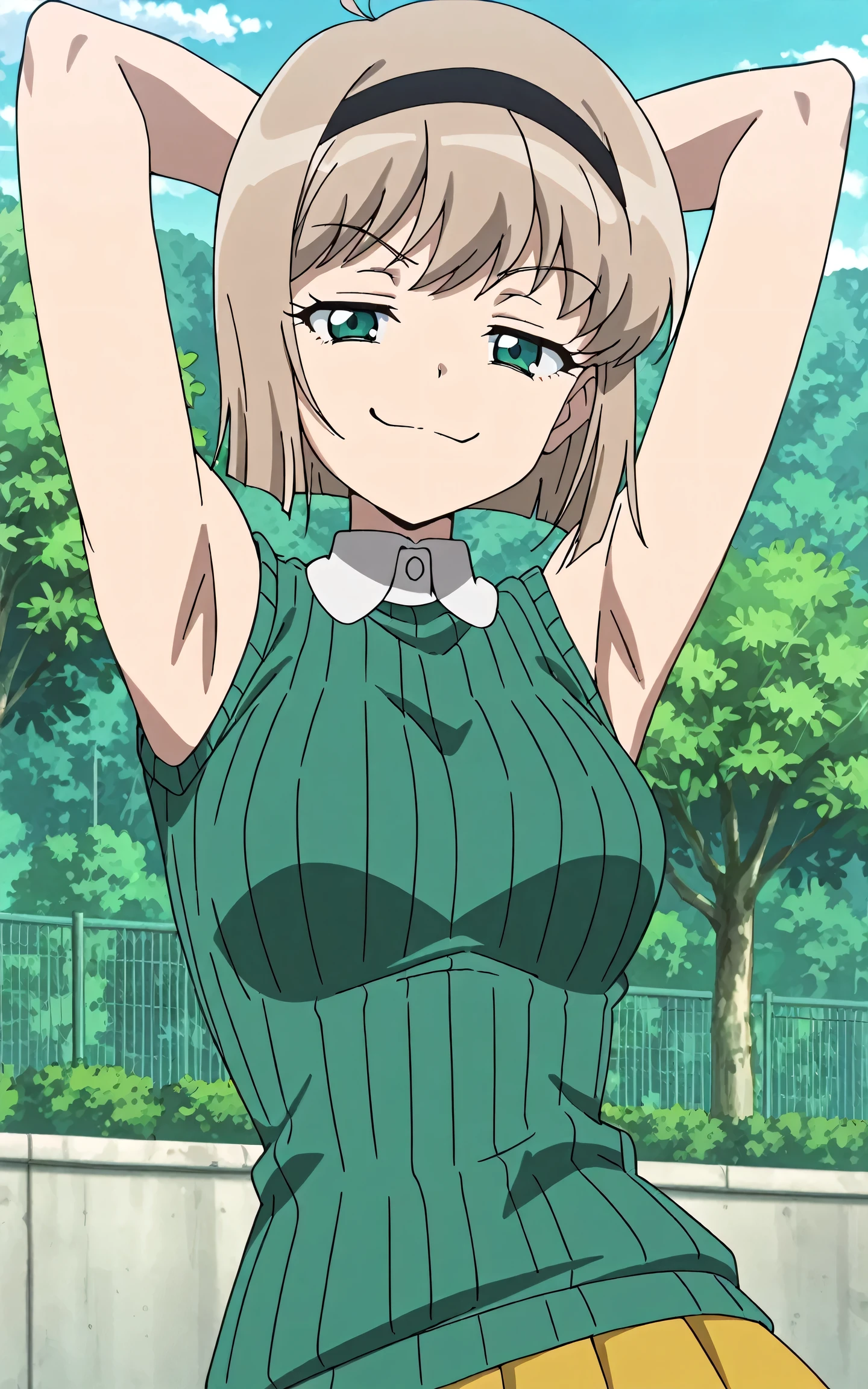 masterpiece, best quality, amazing quality, anime screencap, anime coloring, 1girl, solo, Miki H25, light brown hair, short hair,bangs, green eyes, black hairband, medium breast, slim waist, green striped sweater, sleeveless sweater, ribbed sweater, ribbed, white collar, yellow skirt, arms behind head, head towards viewer, looking at viewer, evil smile, smug, half-closed eyes, closed mouth, outdoors, day