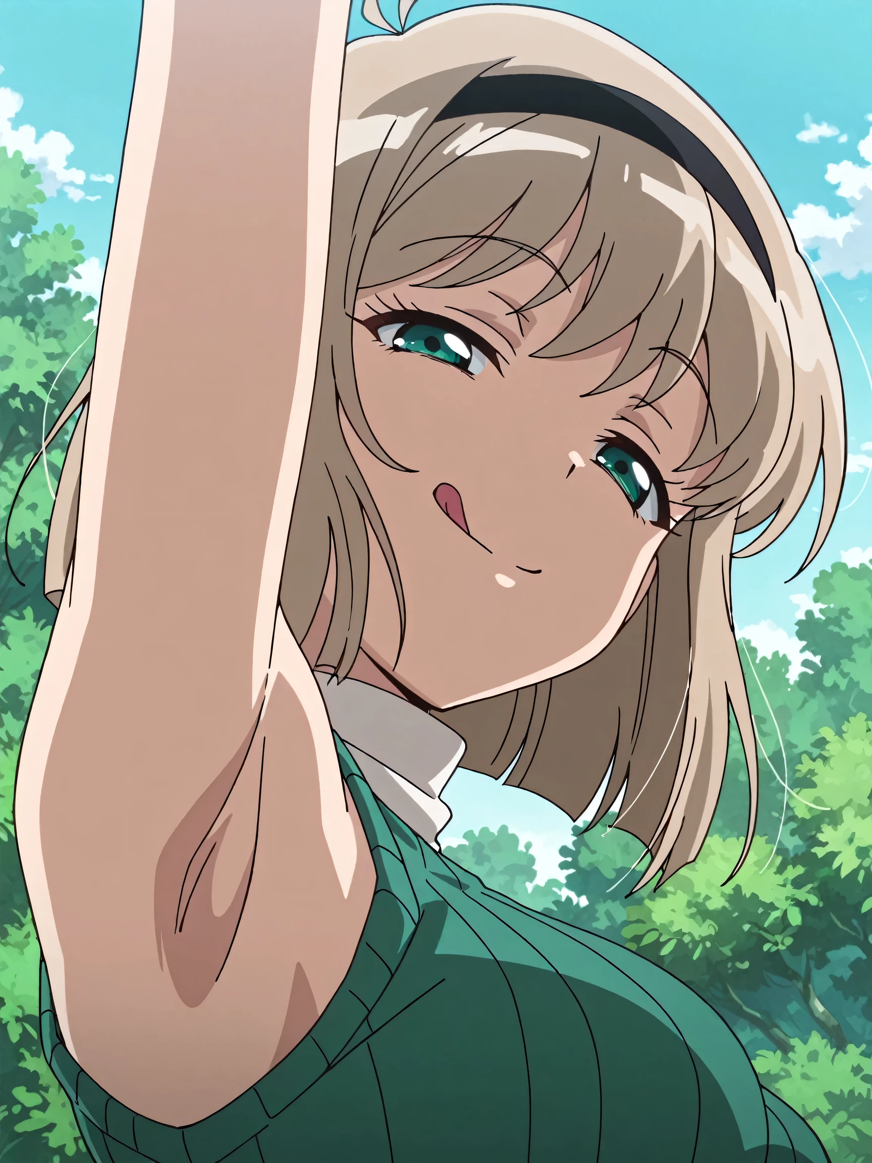 masterpiece, best quality, amazing quality, anime screencap, anime coloring, 1girl, solo, Miki H25, light brown hair, short hair,bangs, green eyes, black hairband, medium breast, slim waist, green striped sweater, sleeveless sweater, ribbed sweater, ribbed, white collar, arm up, raised arm, armpit focus, armpit, head towards viewer, looking at viewer, evil smile, closed mouth, smug, half-closed eyes, outdoors, day, from side, from below, licking lips, armpit up close, close-up of armpit